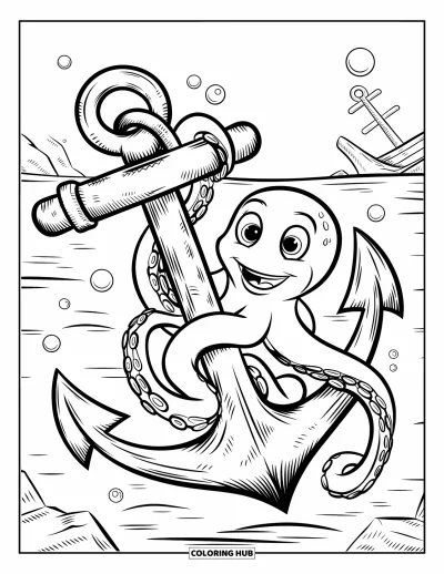 Coloriage d'animaux marins pour enfants : Une pieuvre souriante qui serre une ancre dans ses tentacules avec des bulles autour