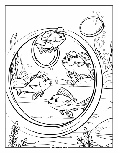 Coloriage d'animaux marins pour enfants : Quatre poissons avec de petits chapeaux font la course à travers des cerceaux et des plantes sous-marines