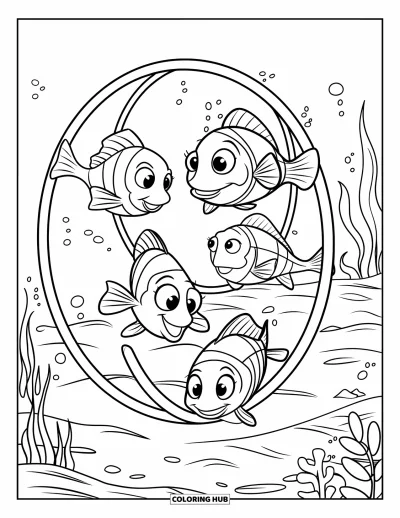 Coloriage d'animaux marins pour enfants : Quatre poissons font la course à travers des cerceaux avec des plantes et des rochers autour d'eux