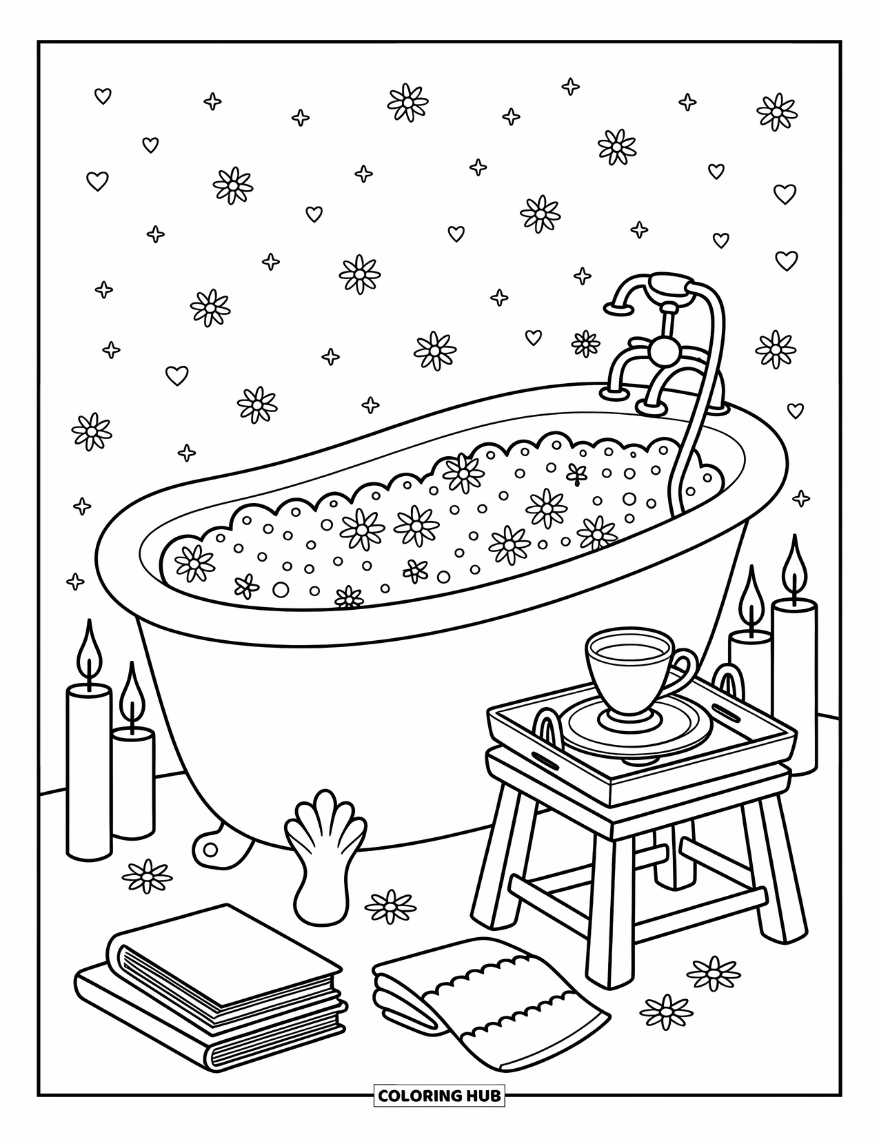 Self Care Coloring Page for Adults: A large tub with bubbles, candles, flowers, sparkles, tea, and stars