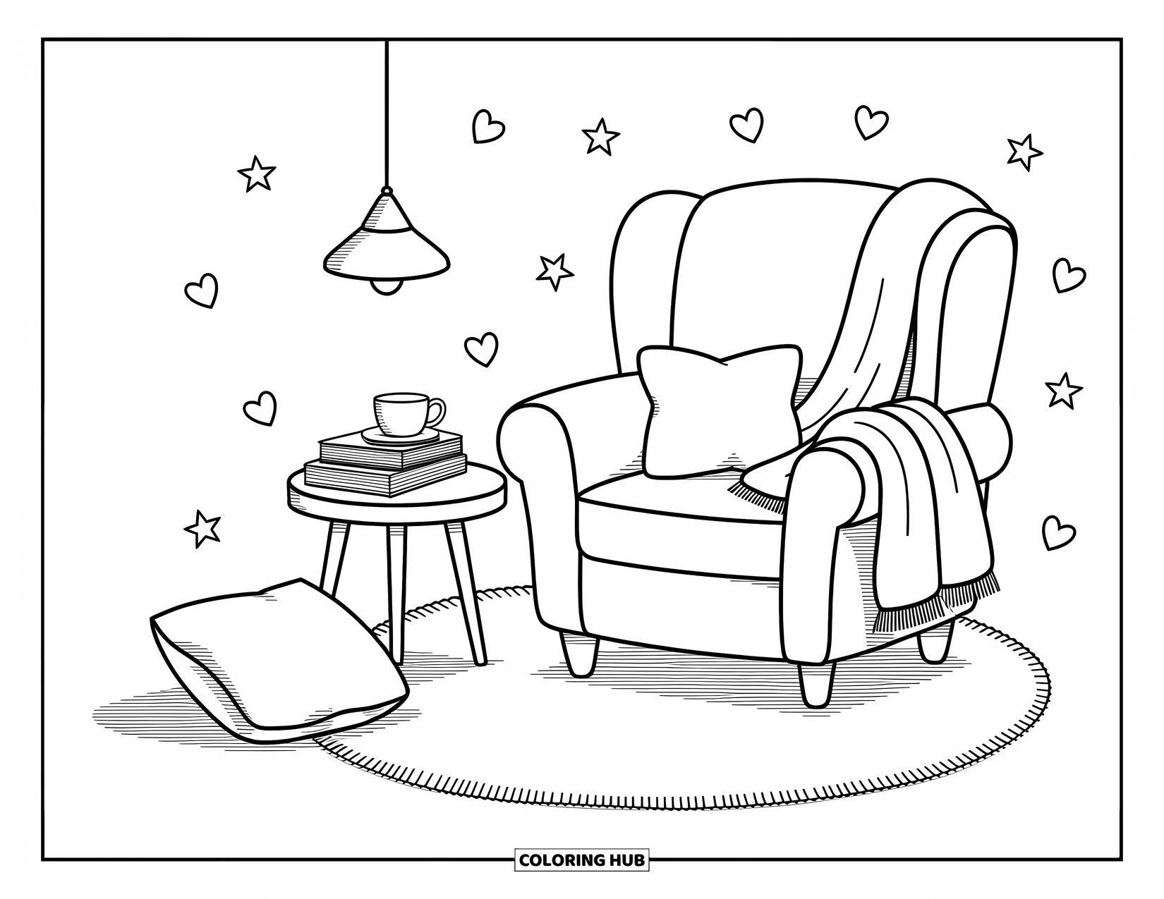 Self Care Coloring Page for Adults: An armchair with a blanket, teacup, lamp, books, and a rug
