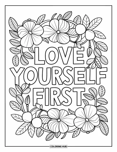어른을 위한 셀프케어 색칠공부: 꽃과 덩굴의 보태니컬 만다라 속 "Love Yourself First" 문구