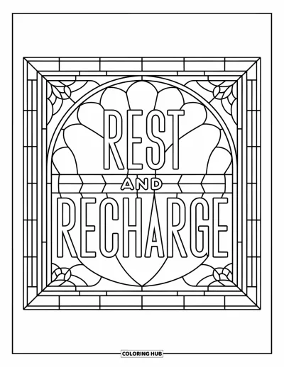 어른을 위한 셀프케어 색칠공부: 꽃 스테인드글라스 액자 안에 "Rest and Recharge" 문구
