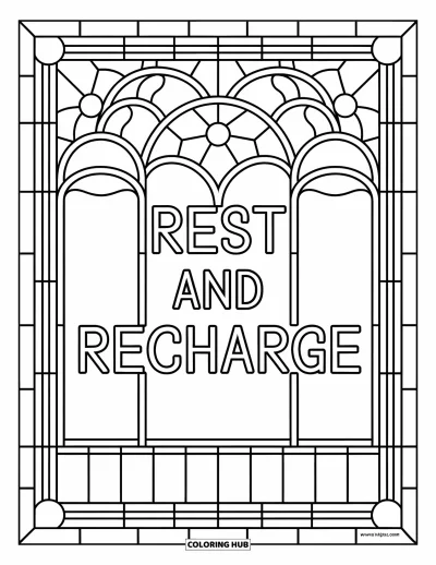 어른을 위한 셀프케어 색칠공부: 꽃 스테인드글라스 아치 안에 담긴 "Rest and Recharge" 문구