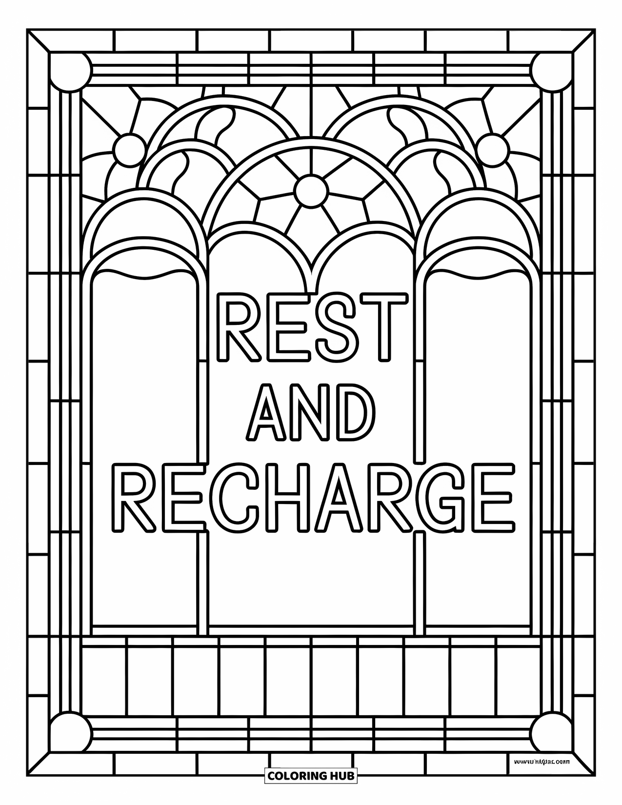 Self Care Coloring Page for Adults: "Rest and Recharge" framed inside floral stained glass arches
