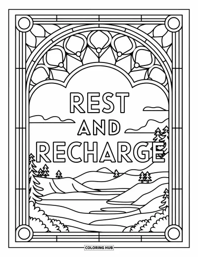 어른을 위한 셀프케어 색칠공부: 평화로운 풍경과 "Rest and Recharge"가 담긴 스테인드글라스 액자