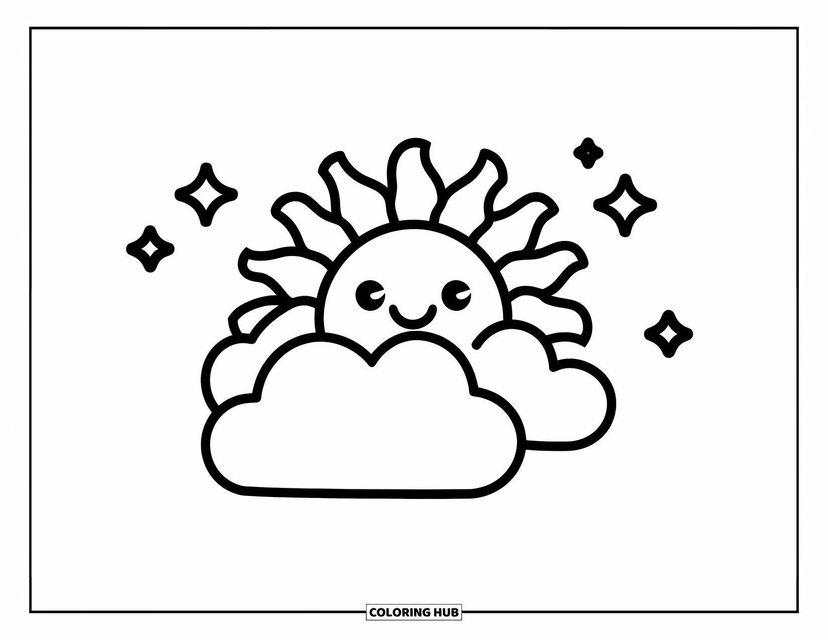 Self Care Coloring Page for Kids: A smiling sun above a fluffy cloud with stars nearby