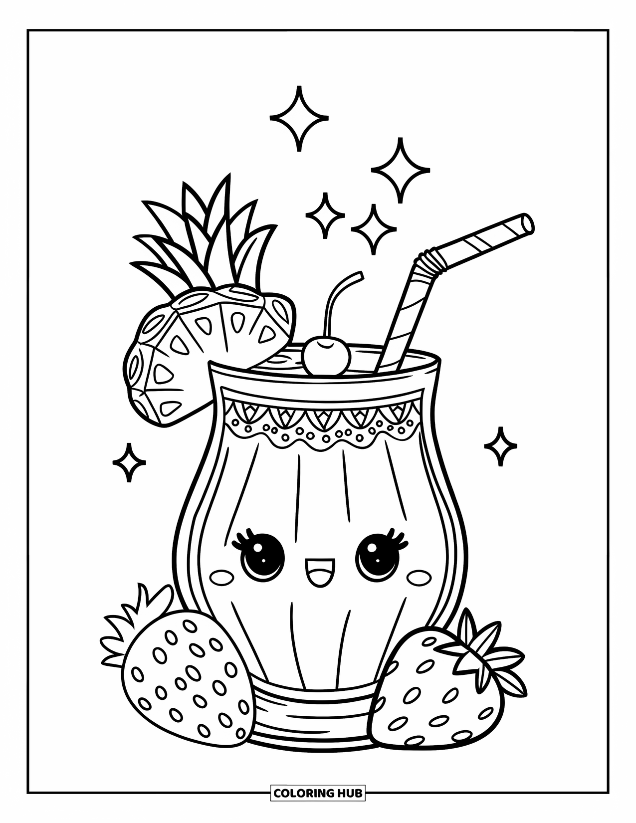 Self Care Coloring Page for Kids: A smoothie topped with fruit slices, a cherry, and sparkles