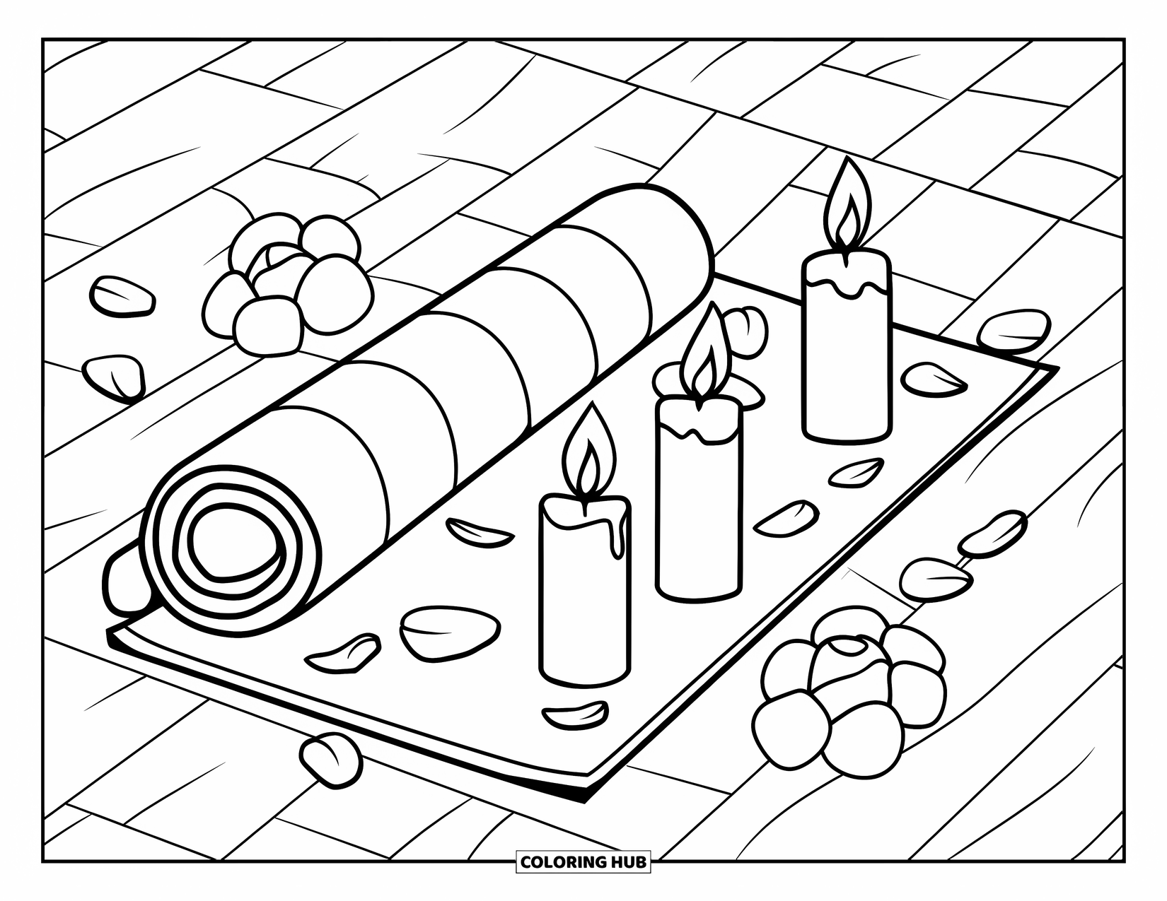 Self Care Coloring Page for Kids: A yoga mat with candles and petals in a modern, simple style