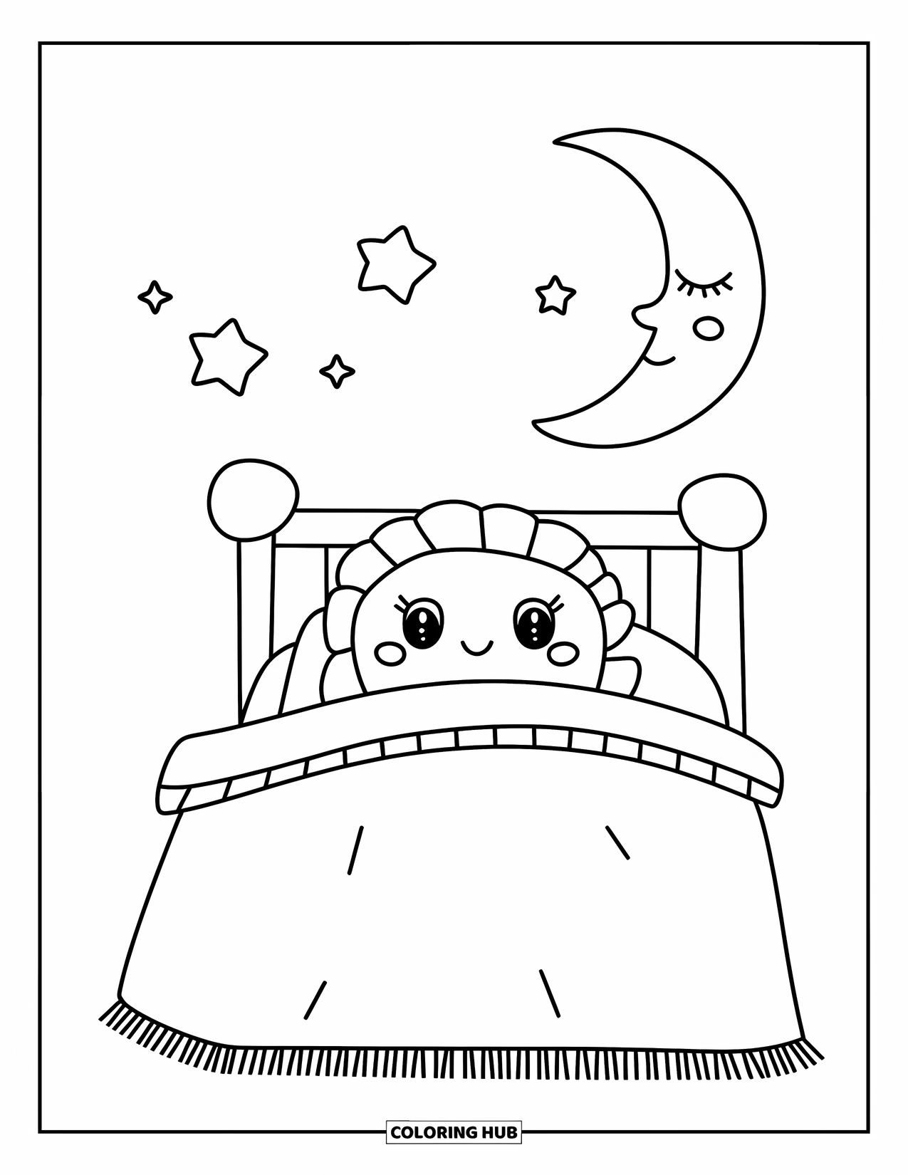 Self Care Coloring Page for Kids: Bed with pillow, blanket, and a smiling moon and stars