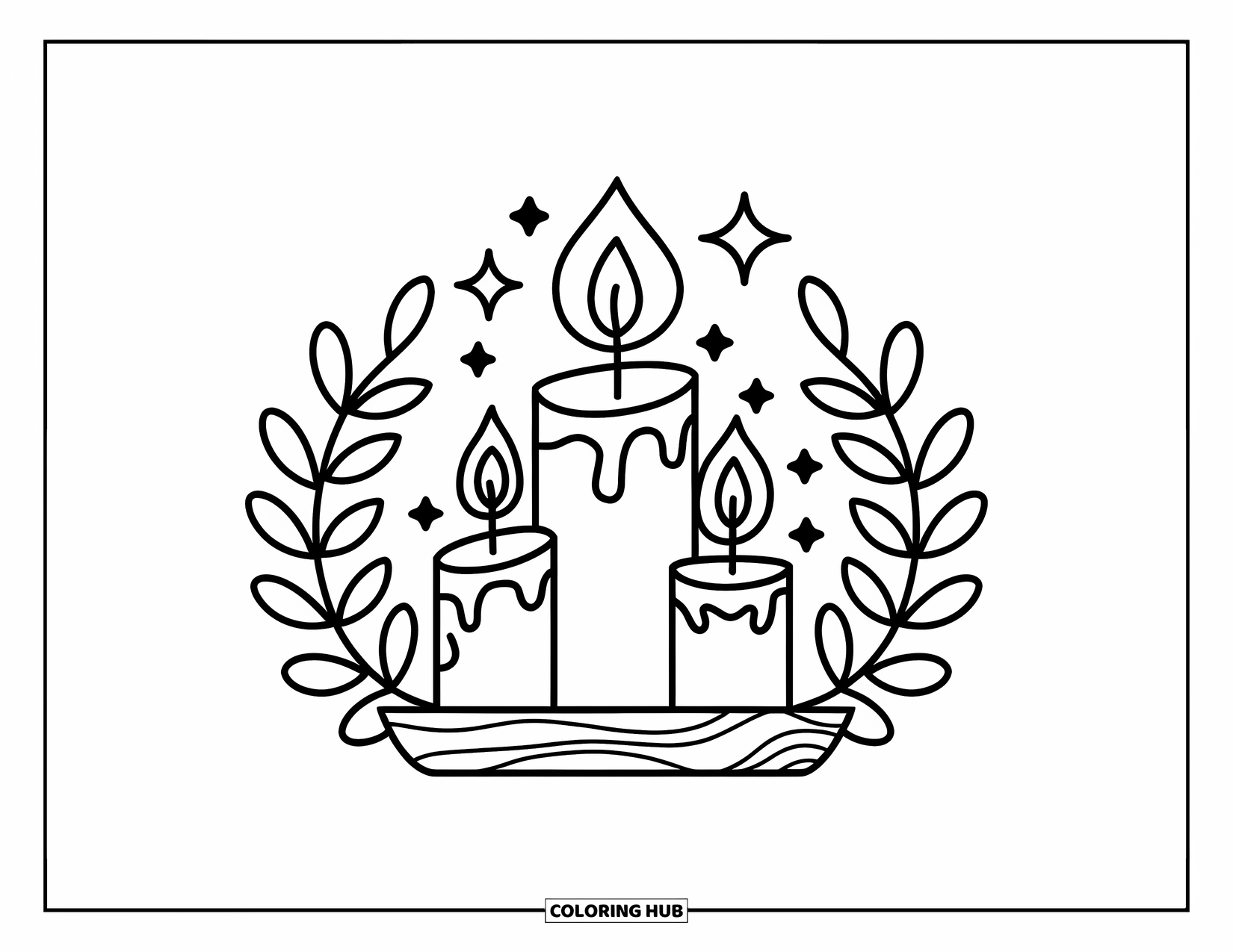 Self Care Coloring Page for Kids: Candles on a wooden base surrounded by sprigs and stars