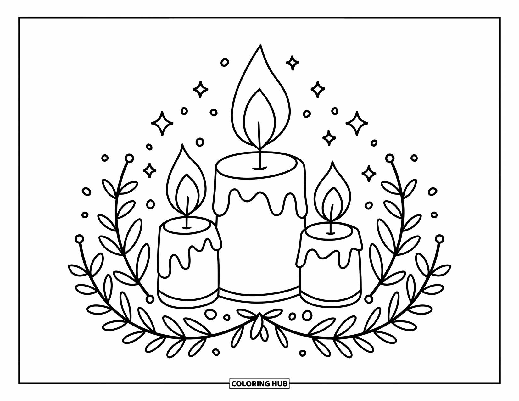 Self Care Coloring Page for Kids: Candles with wavy outlines, leaves, and twinkling stars