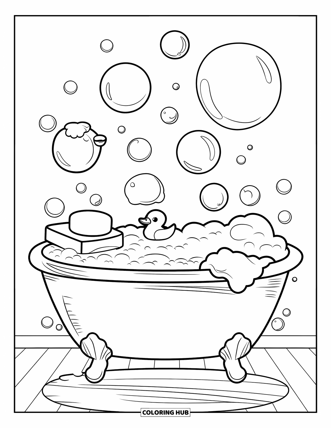 Self Care Coloring Page for Kids: Tub with bubbles, a rubber duck, and a soap bar nearby