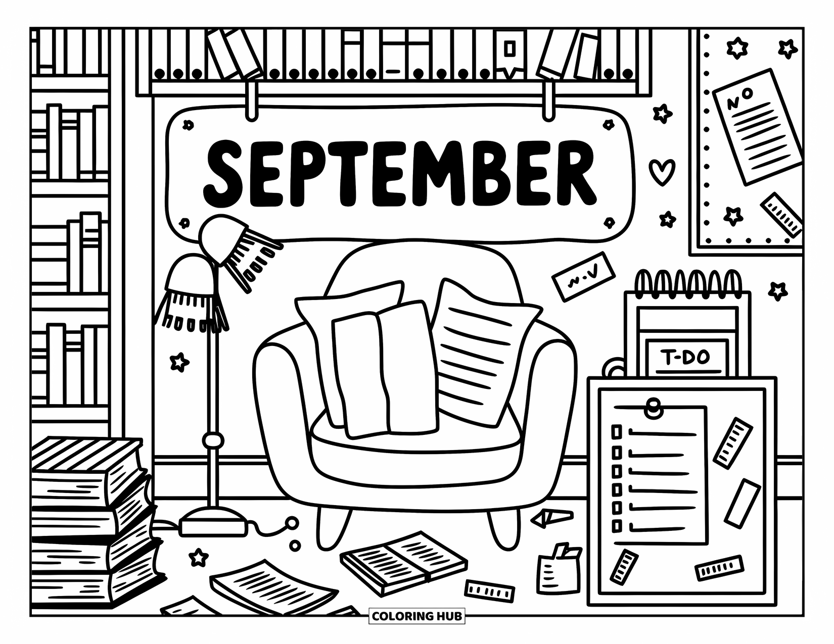 September Coloring Page for Adults: A cozy nook with "September" on wall art and books, lists, and cushions nearby