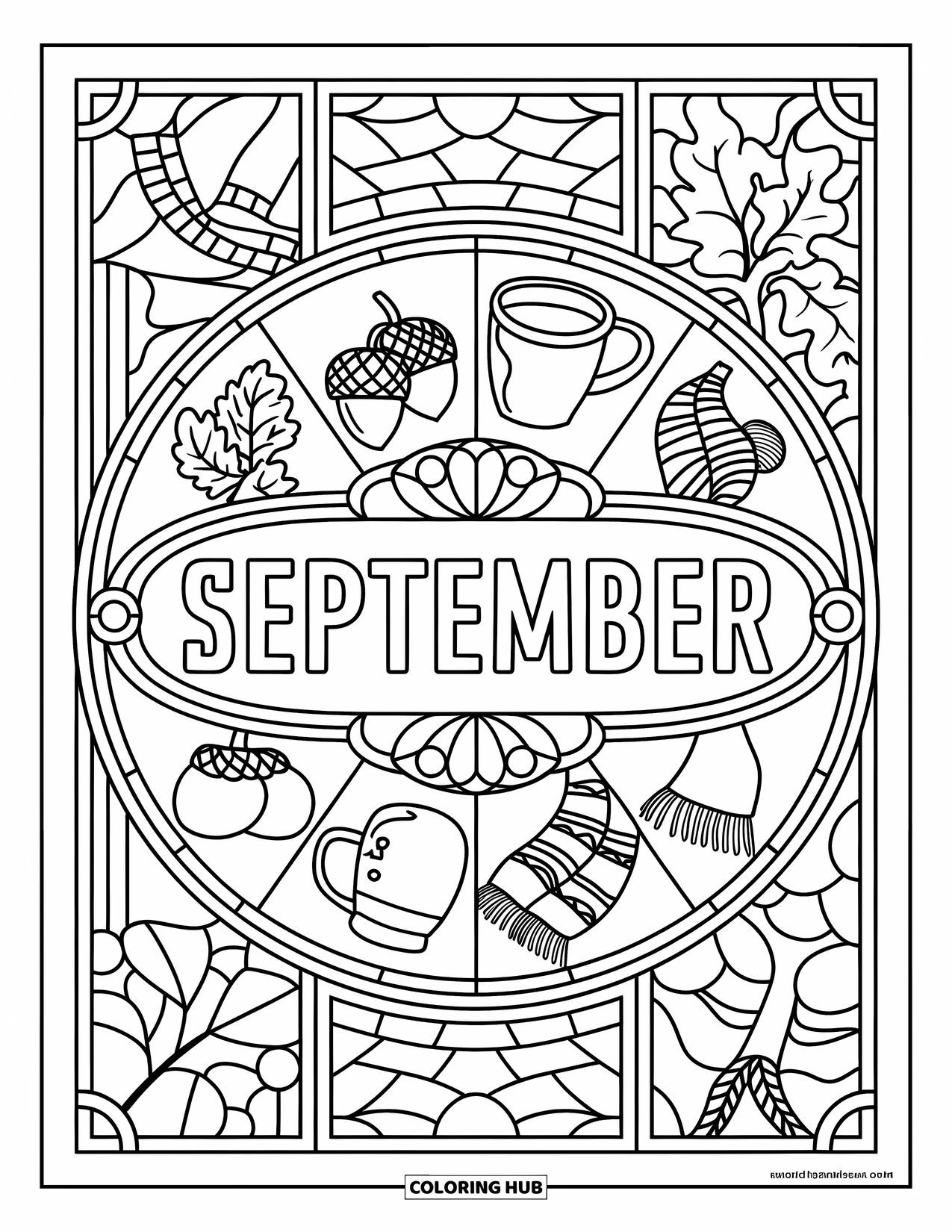 September Coloring Page for Adults: Circular stained glass with symbols of September around the word in the center