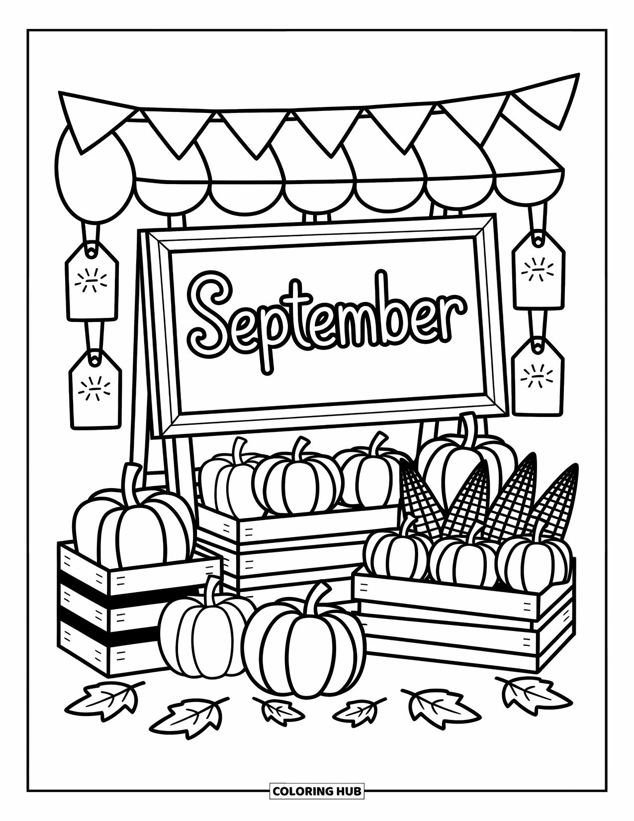 September Coloring Page for Adults: Fall stall scene with "September" sign and cute produce crates