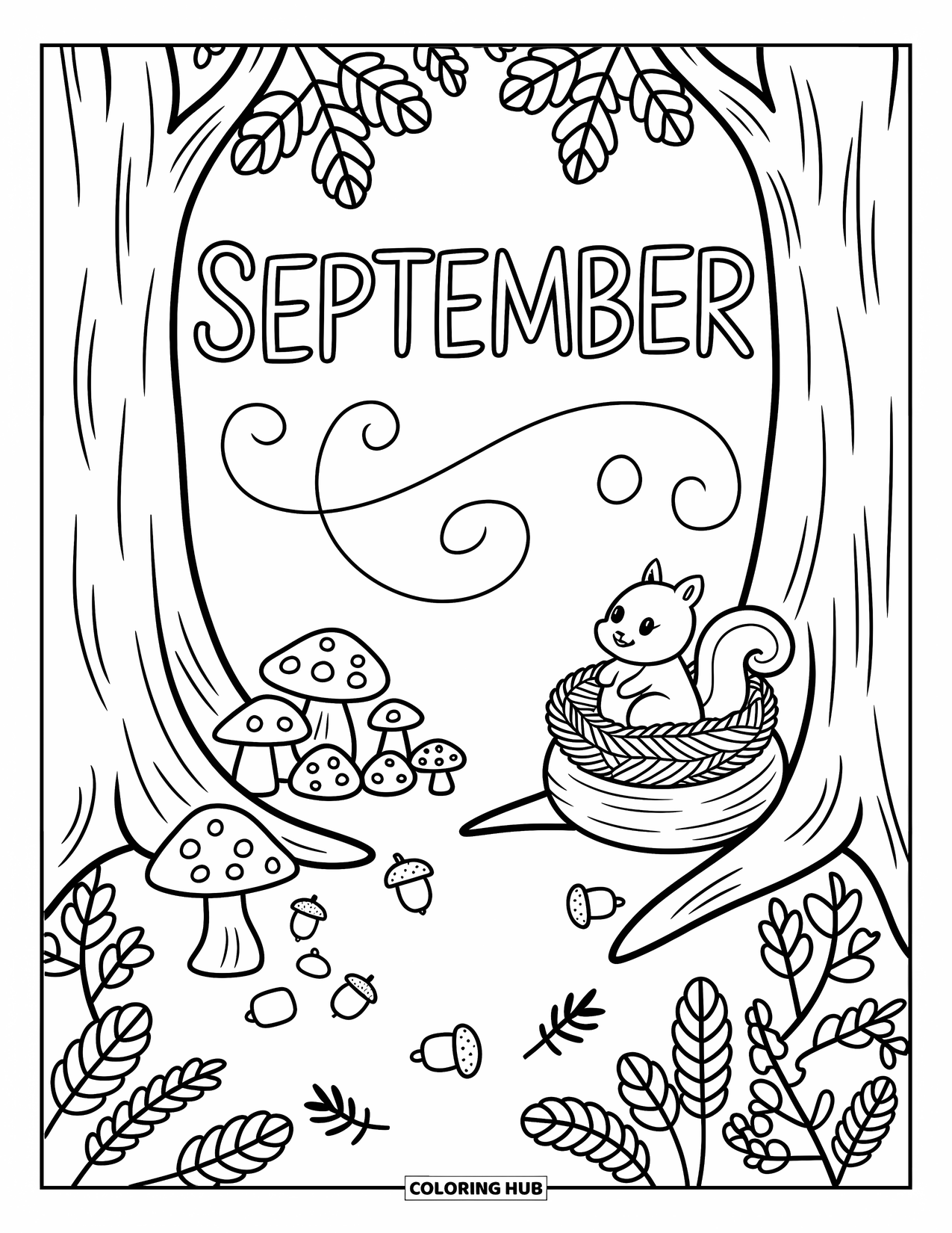 September Coloring Page for Adults: Forest floor with "September" on a tree and a squirrel nest nearby