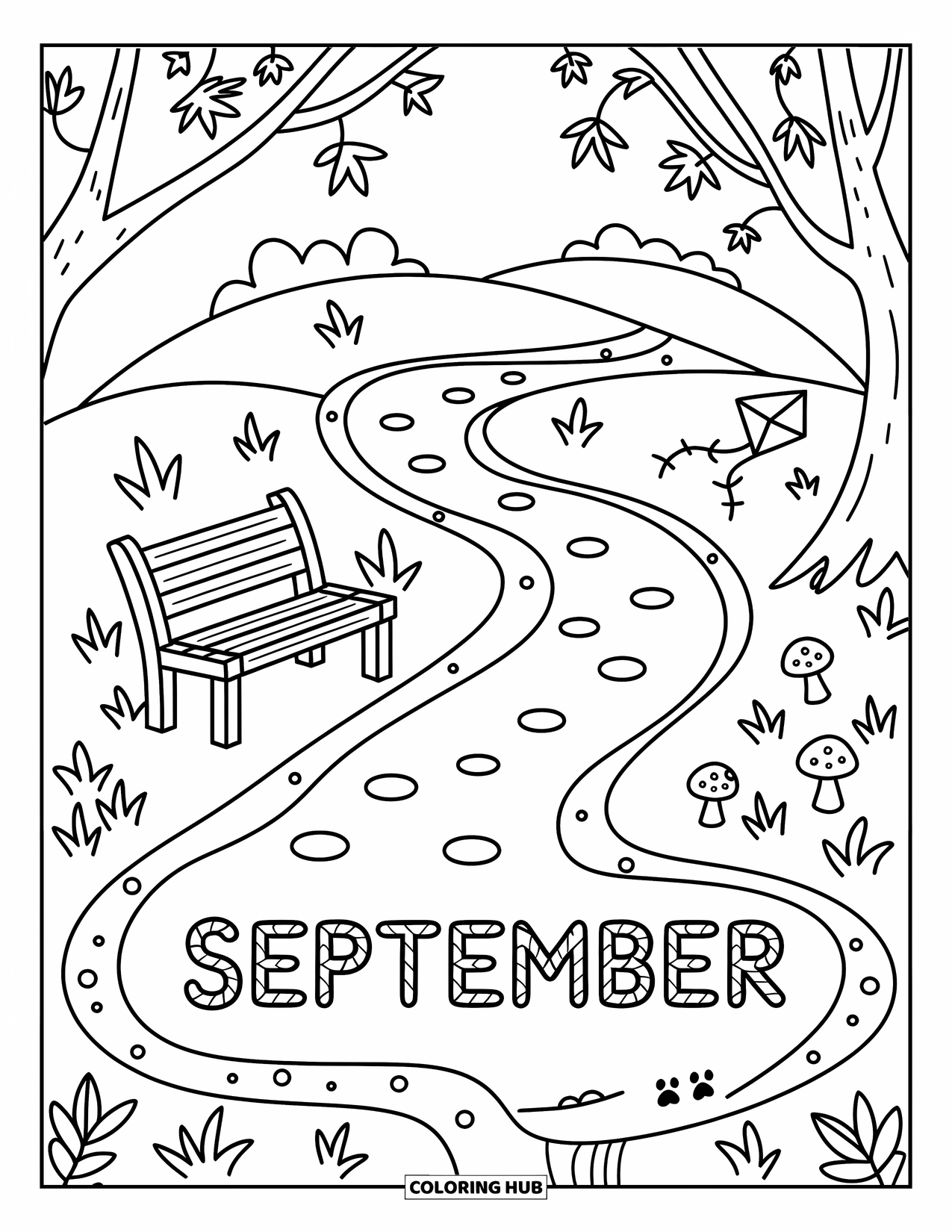 September Coloring Page for Adults: Hilltop path with "September" in stones, leaves, and tiny forest doodles
