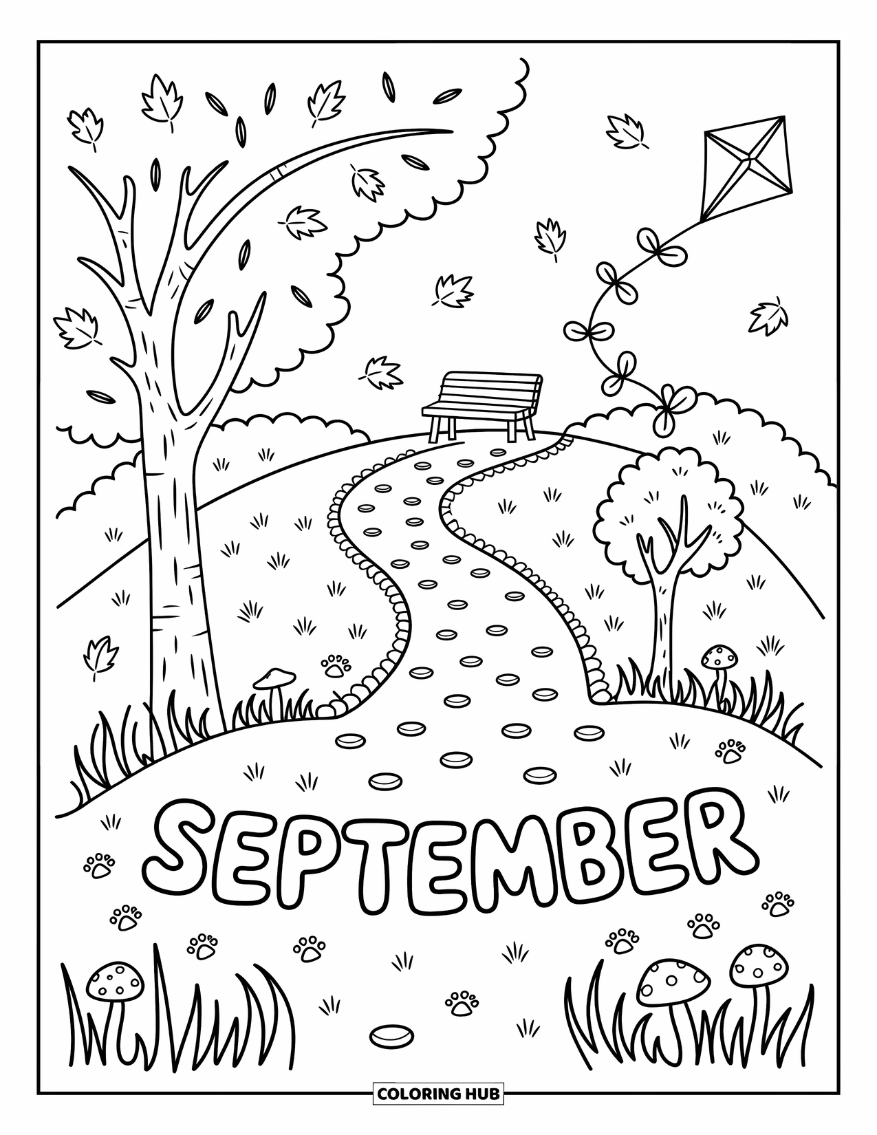 September Coloring Page for Adults: Kite, bench, and "September" spelled in stones in a cozy fall setting