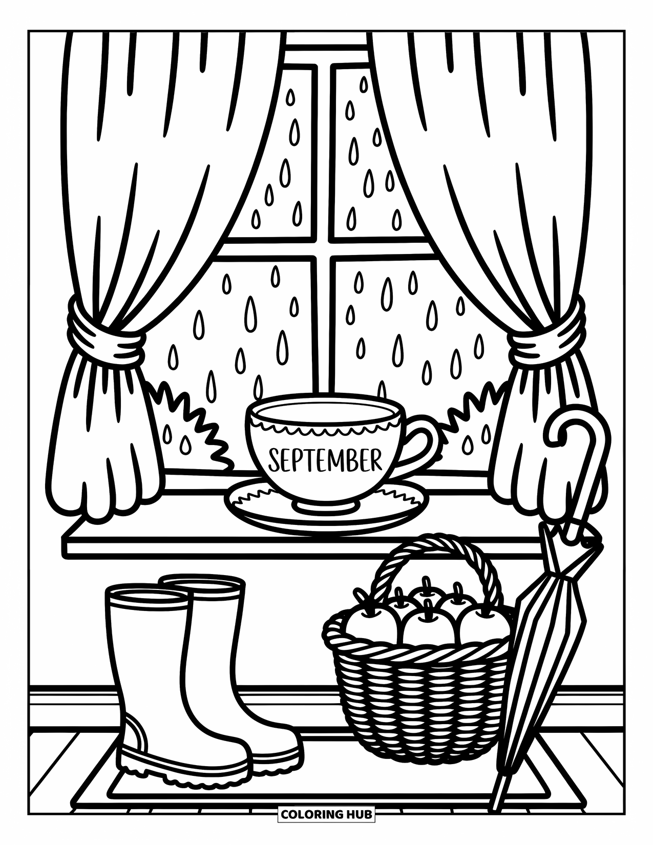 September Coloring Page for Adults: Rainy window scene with a "September" teacup, apples, boots, and umbrella
