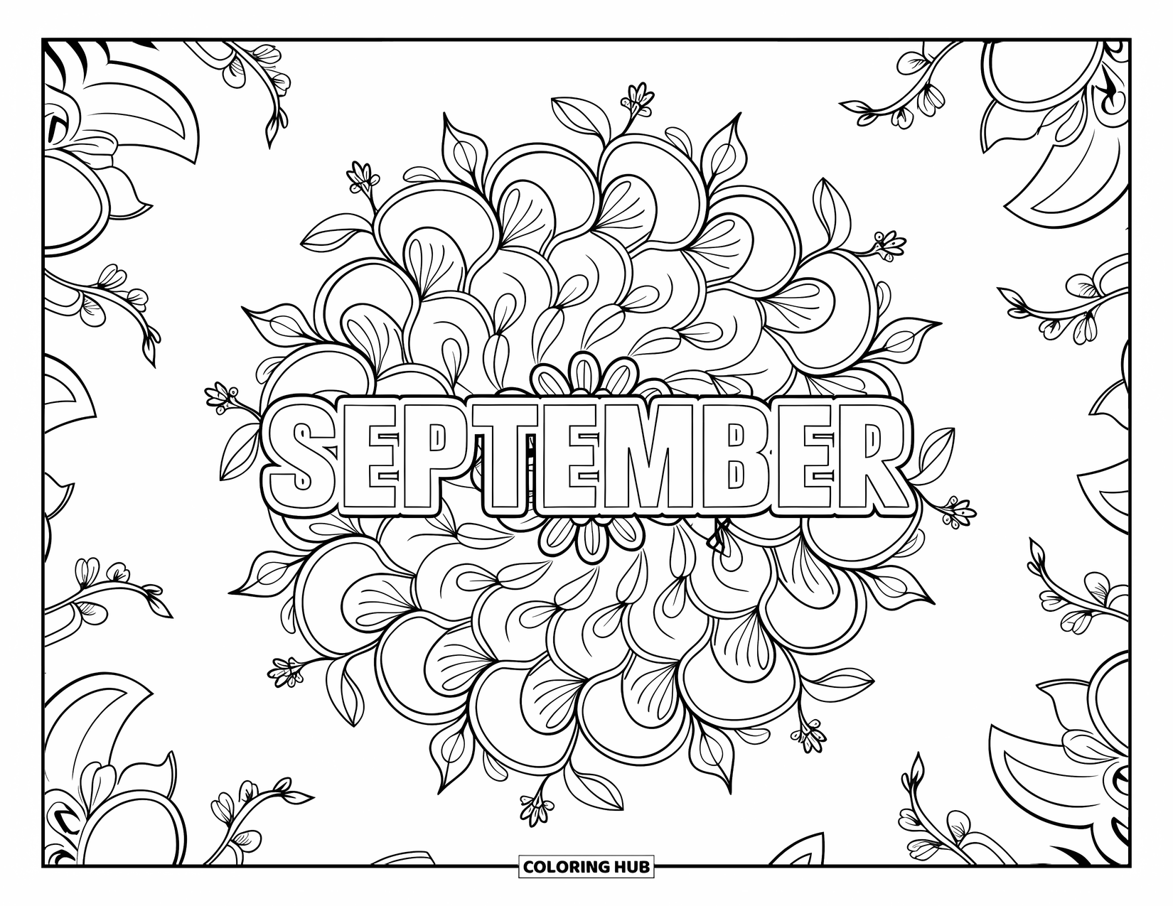 September Coloring Page for Adults: "September" blooms inside a detailed floral vine mandala