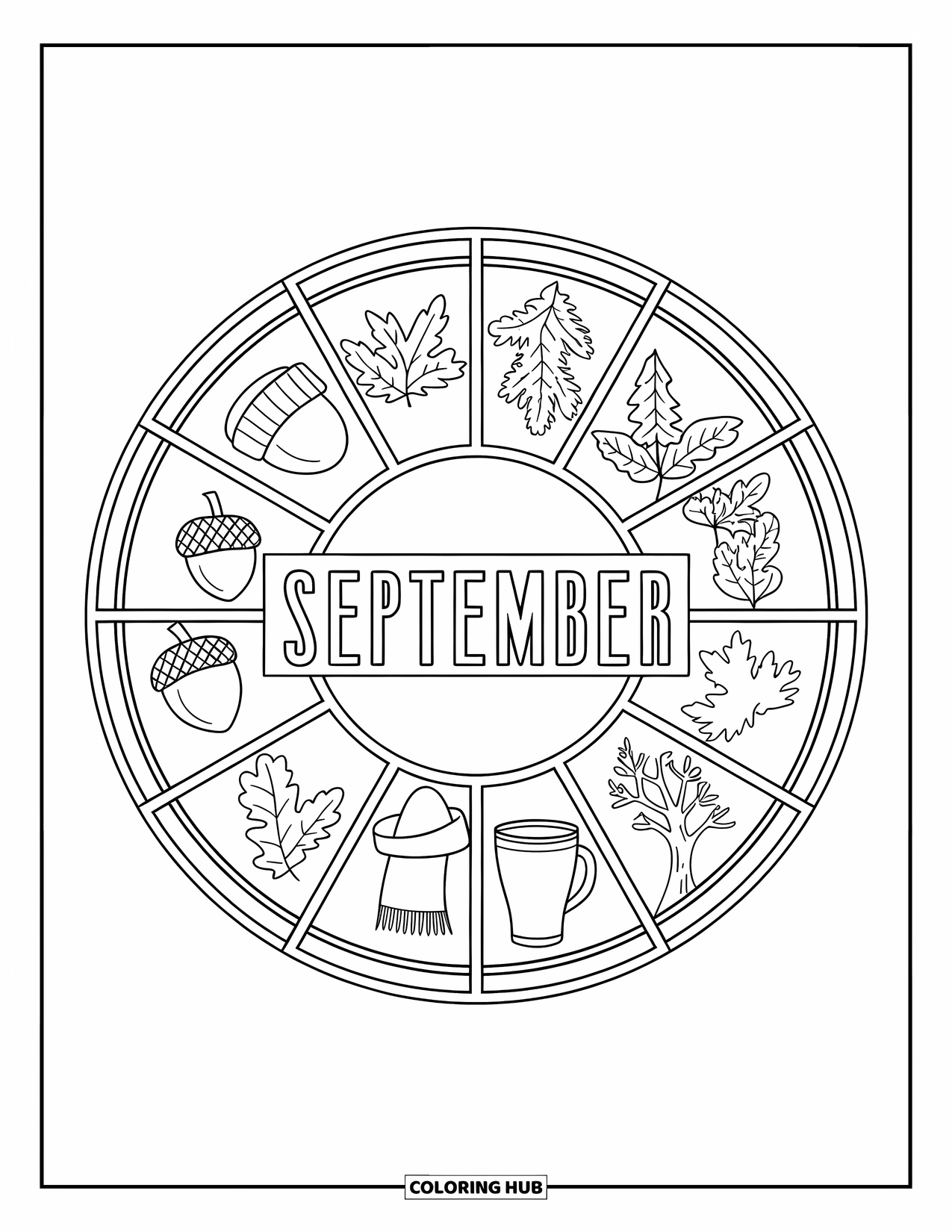 September Coloring Page for Adults: "September" framed inside stained glass panels with acorns, scarves, and trees