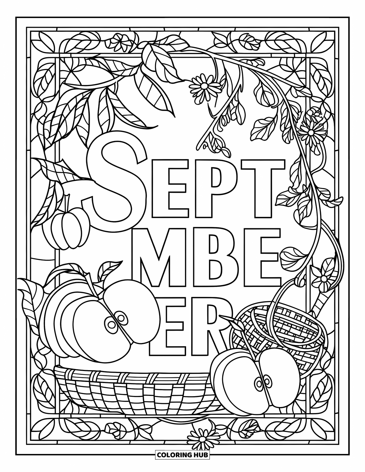 September Coloring Page for Adults: "September" in bold font inside a stained glass border of apples and baskets