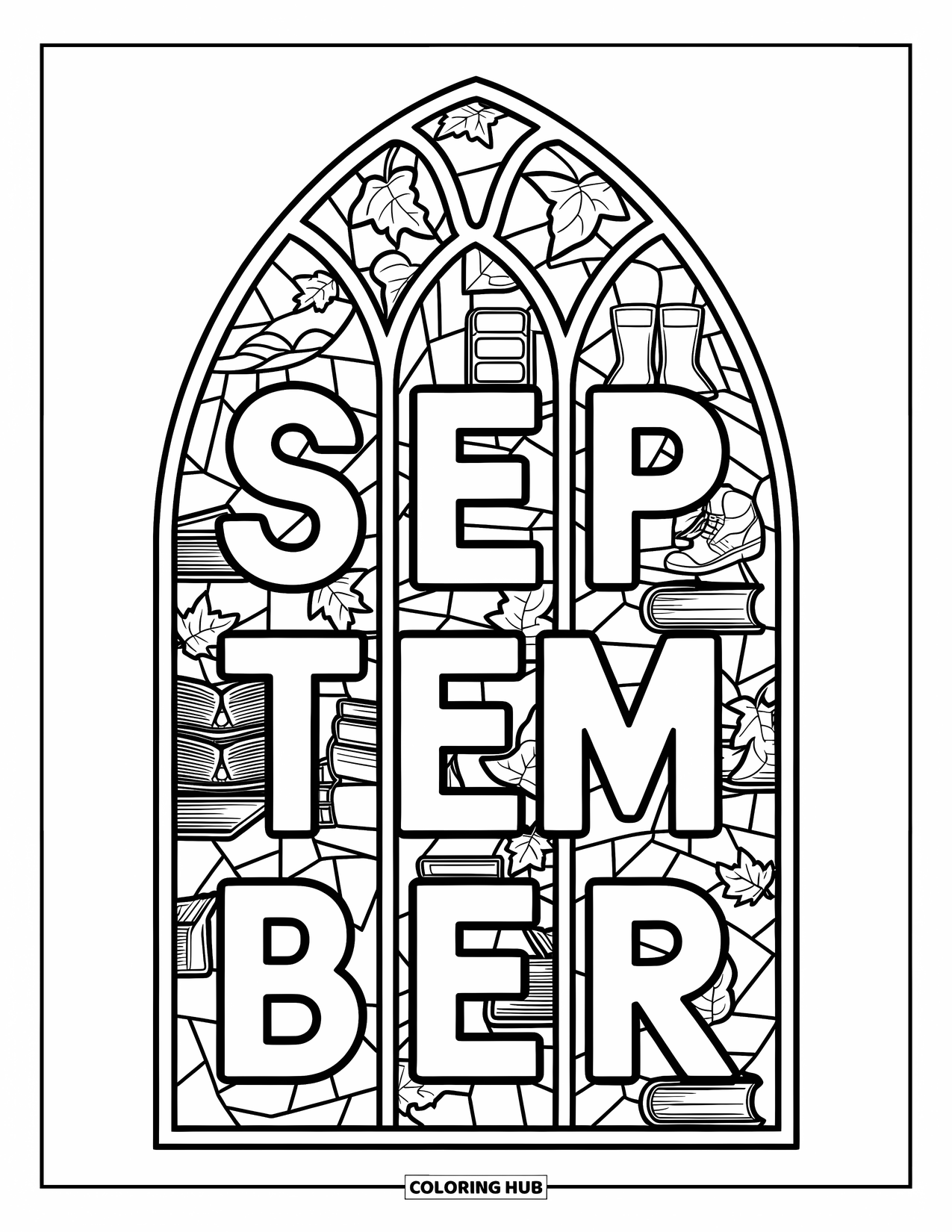 September Coloring Page for Adults: "September" shines inside a cathedral stained glass of cozy fall icons