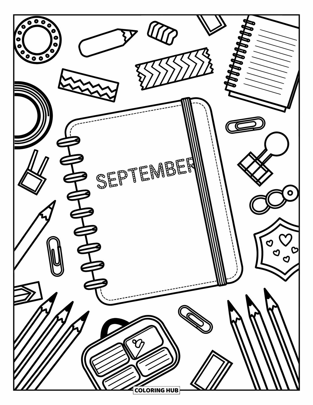 September Coloring Page for Adults: "September" stitched on a notebook among cute school doodles and supplies