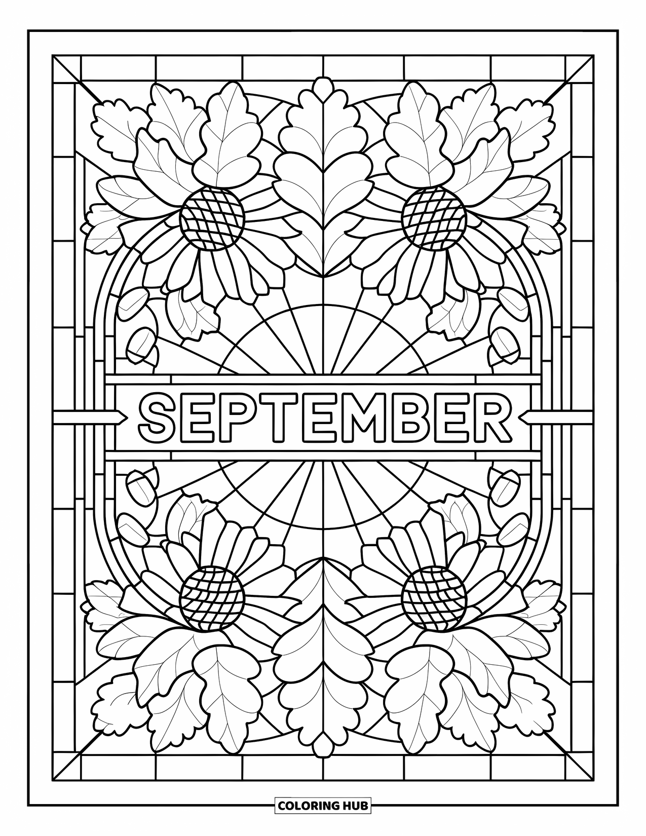 September Coloring Page for Adults: Sunflower and acorn stained glass frame surrounds "September"