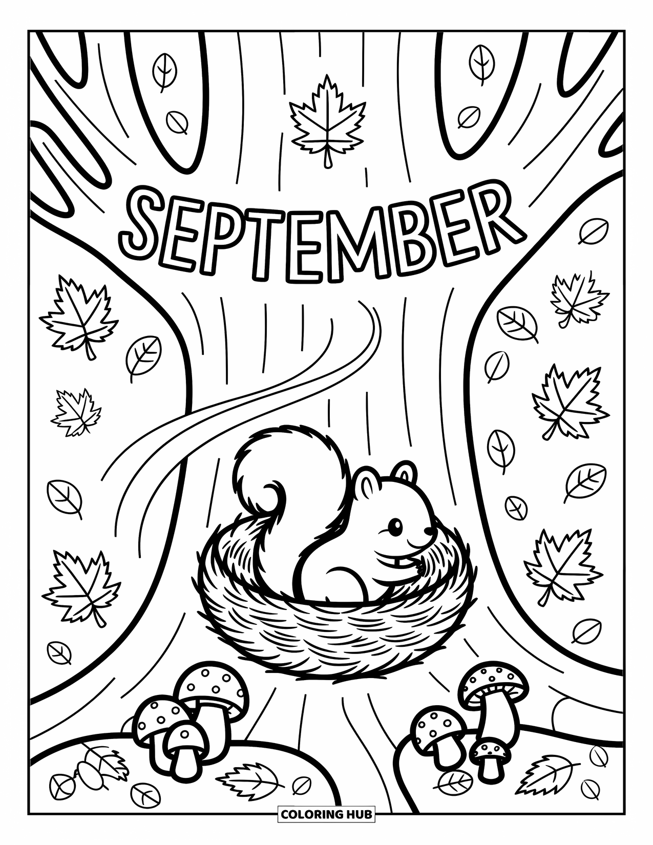 September Coloring Page for Adults: Whimsical forest scene with "September" on a tree and a hidden squirrel nest
