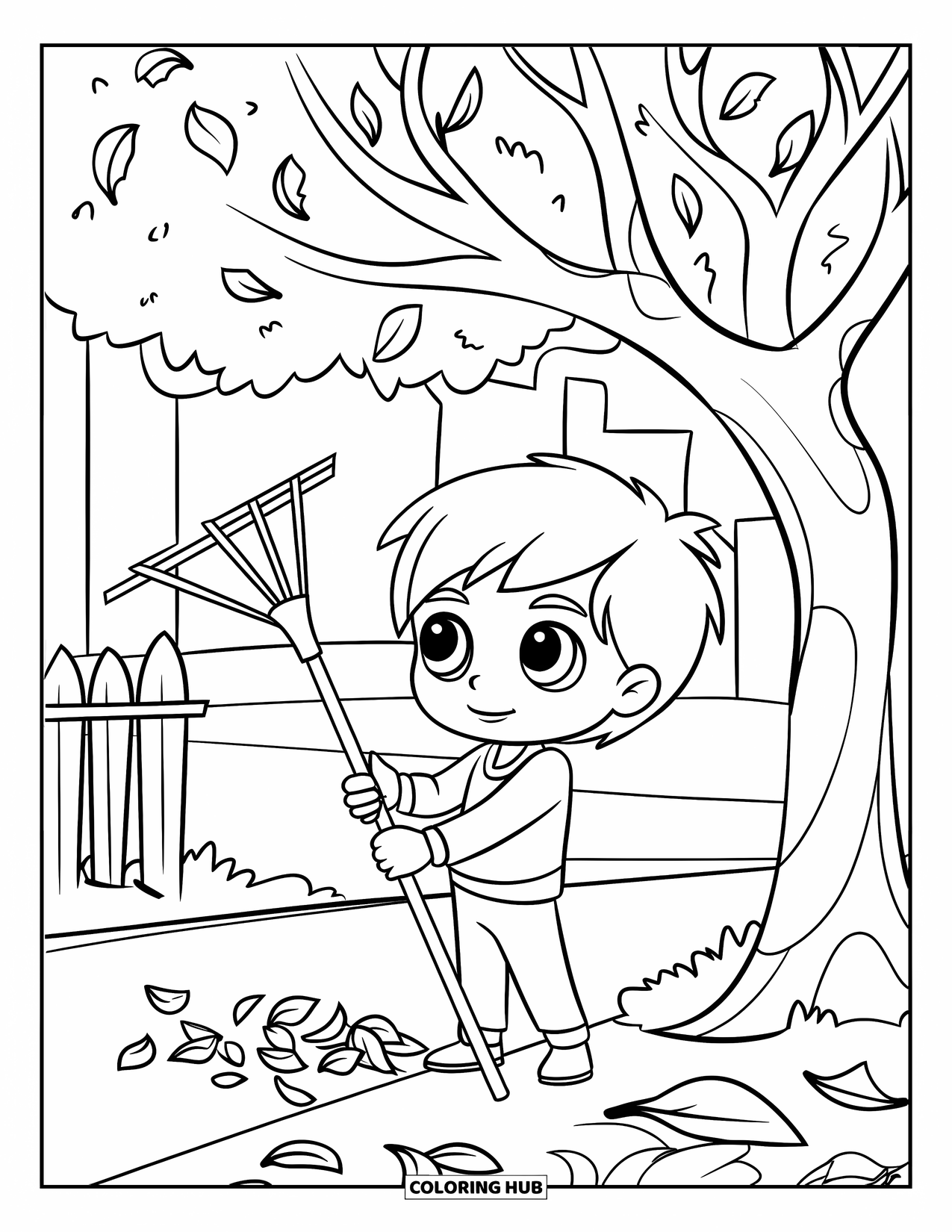 September Coloring Page for Kids: A child stands with a rake near a tree and a fence