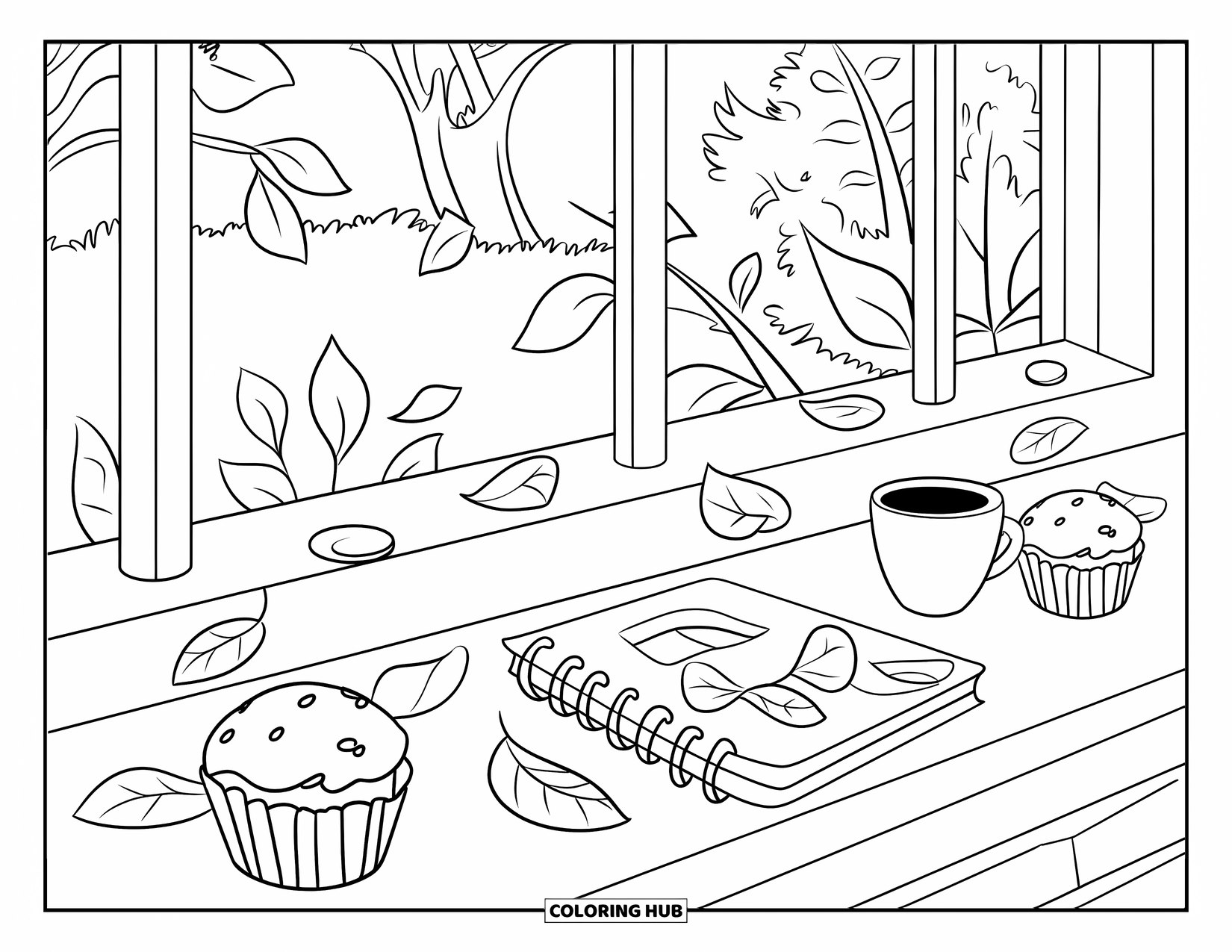 September Coloring Page for Kids: A cozy café counter with a planner, muffins, and leaves outside the window