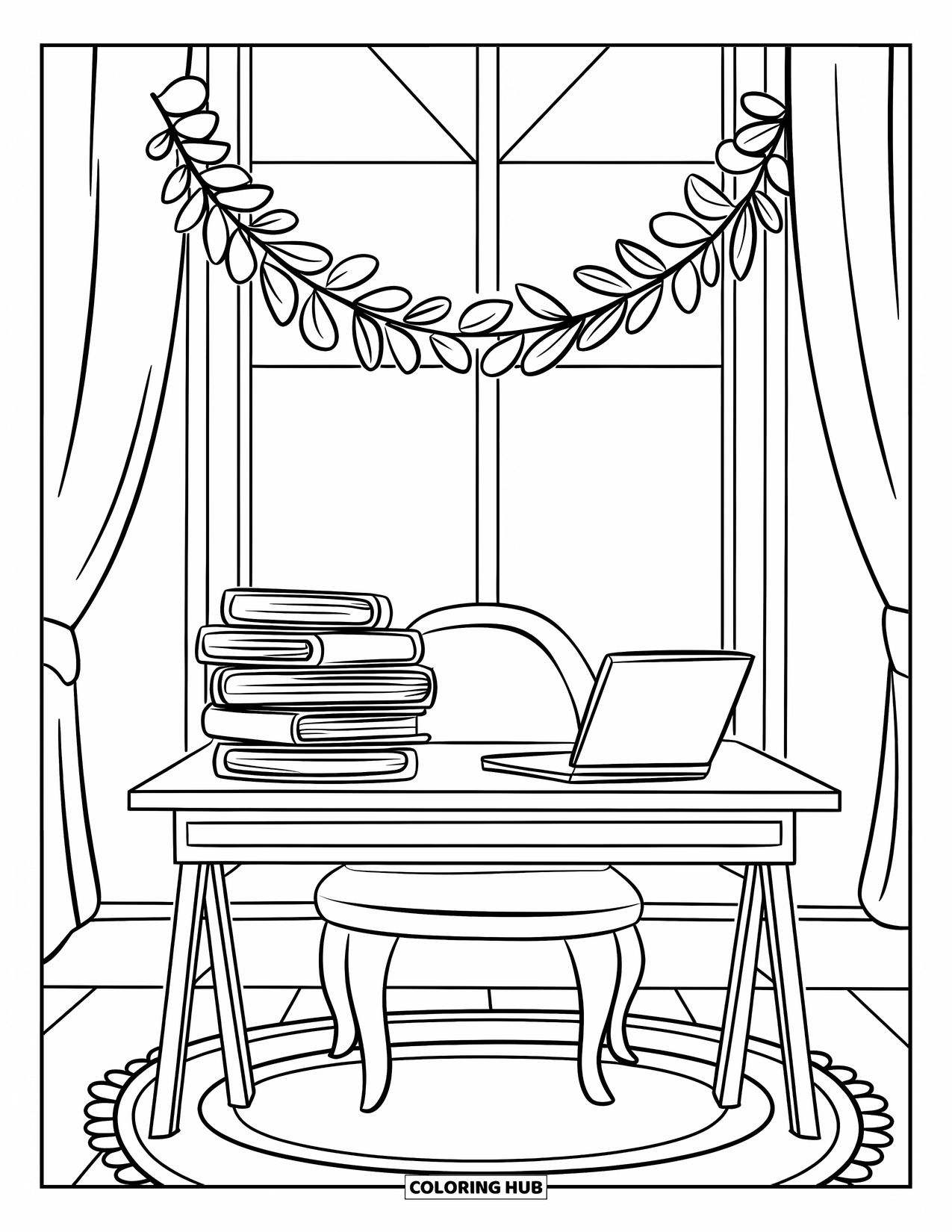 September Coloring Page for Kids: A cozy desk with books, a laptop, and a garland overhead