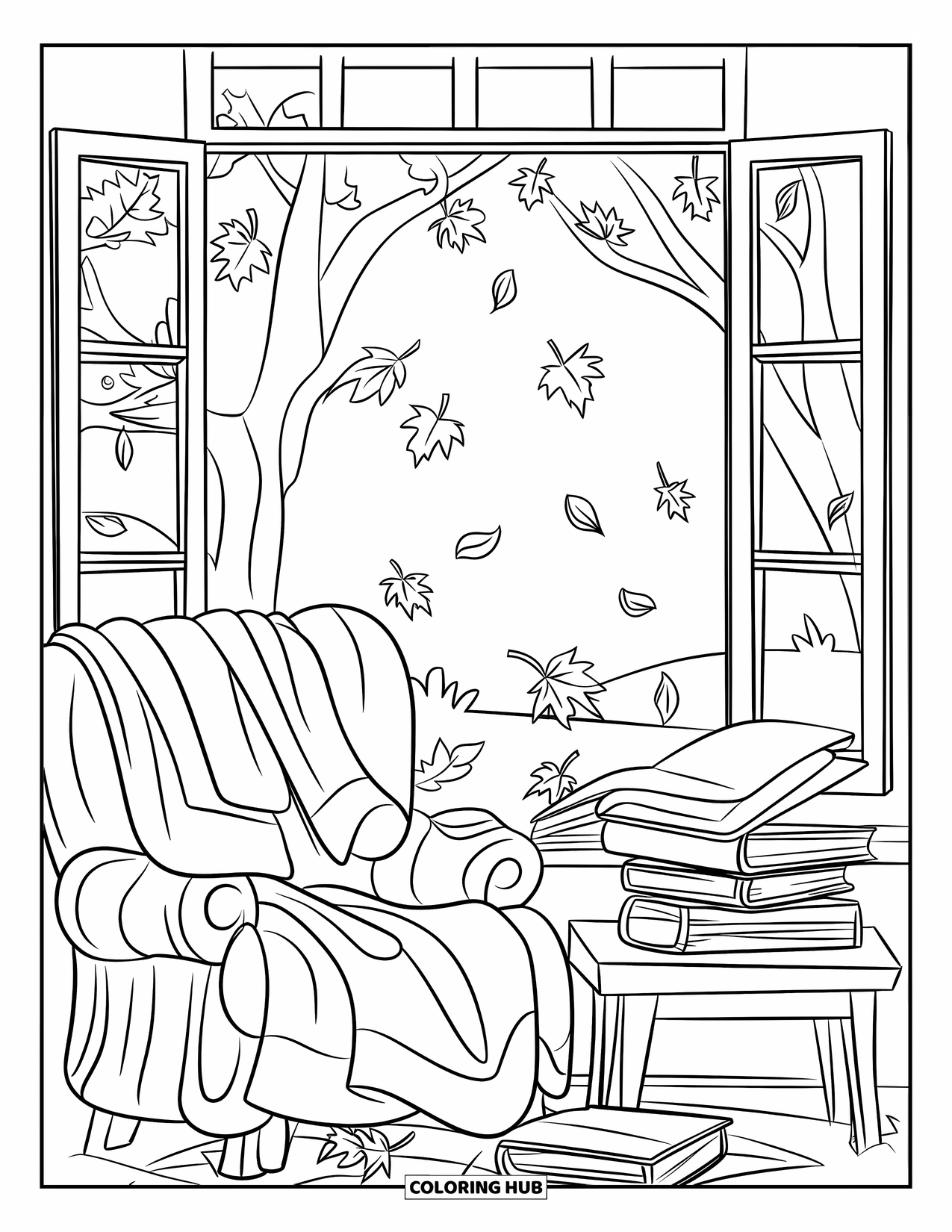 September Coloring Page for Kids: A cozy reading nook with blankets, books, and falling leaves