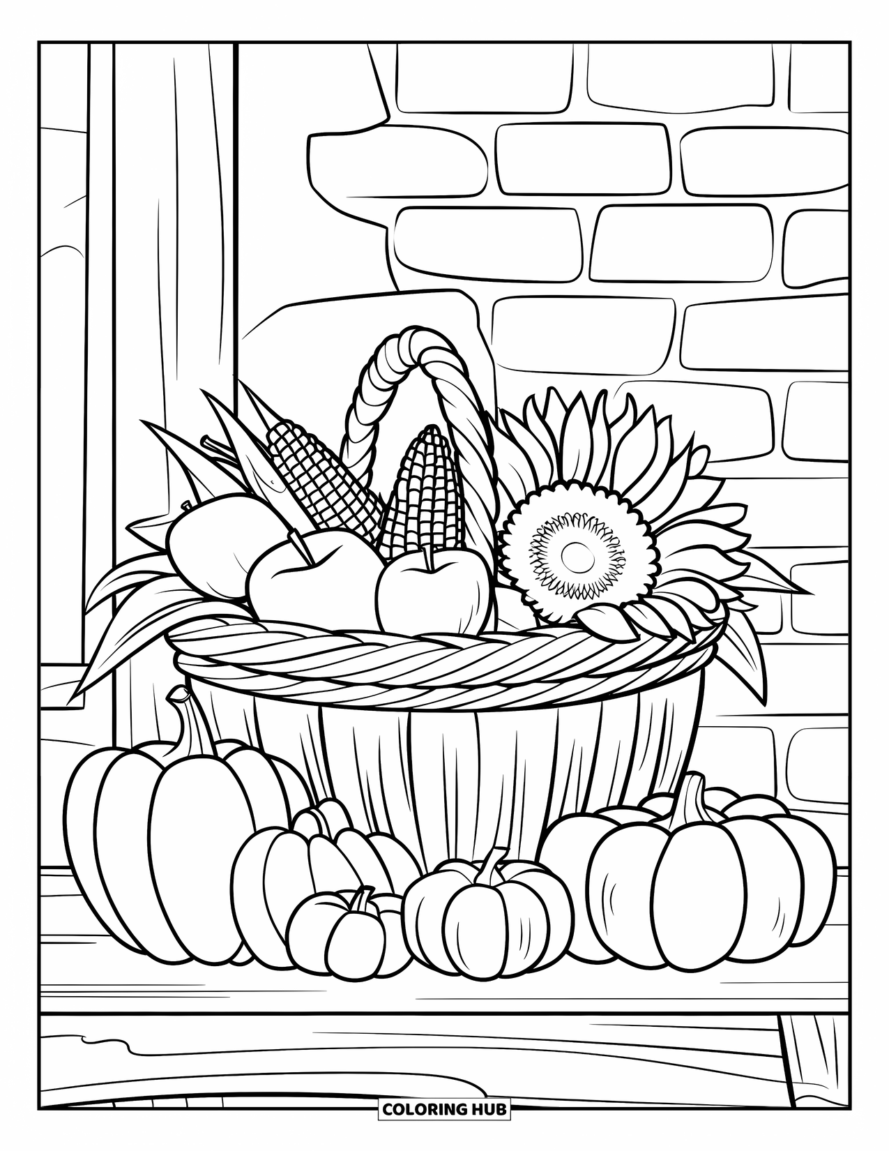 September Coloring Page for Kids: A harvest basket with apples, corn, and pumpkins near a brick wall