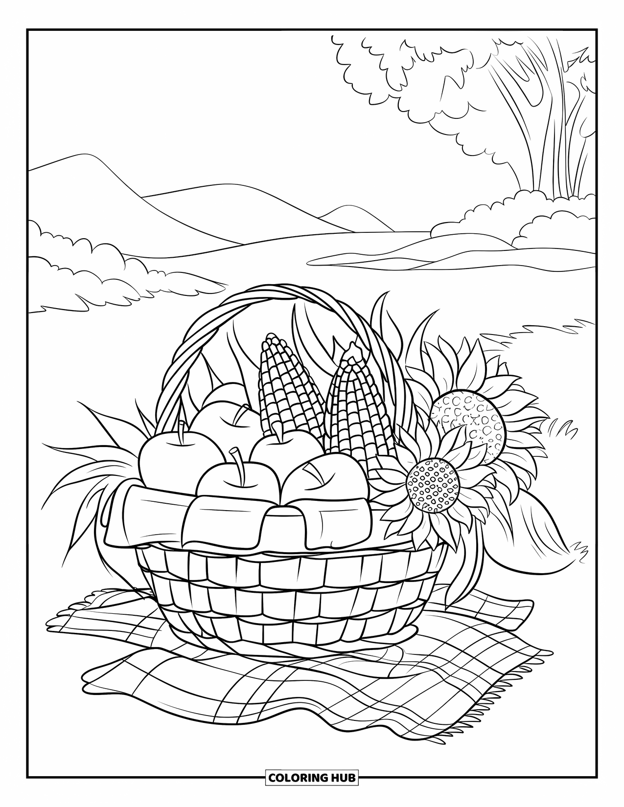 September Coloring Page for Kids: Basket of apples, corn, and sunflowers on a wooden stand outdoors