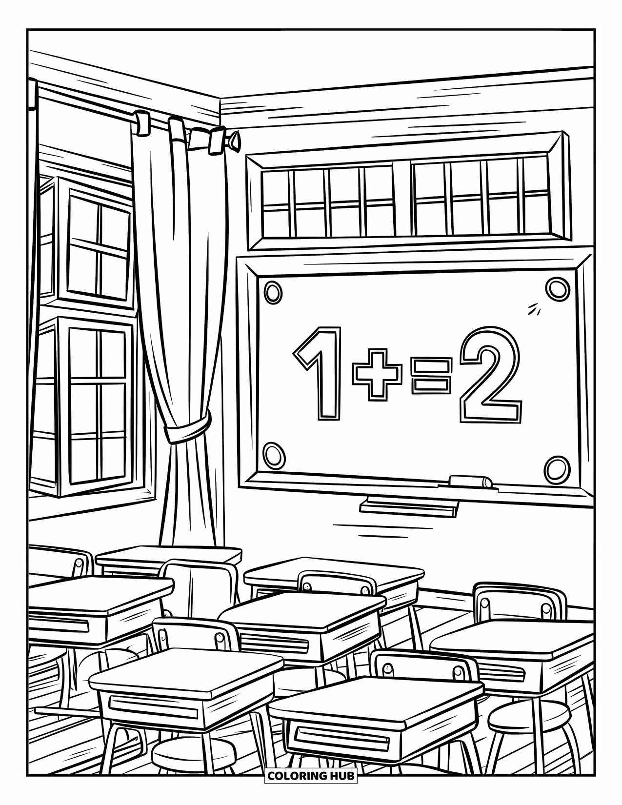 September Coloring Page for Kids: Chalkboard and desks in a classroom with wooden floors and open windows