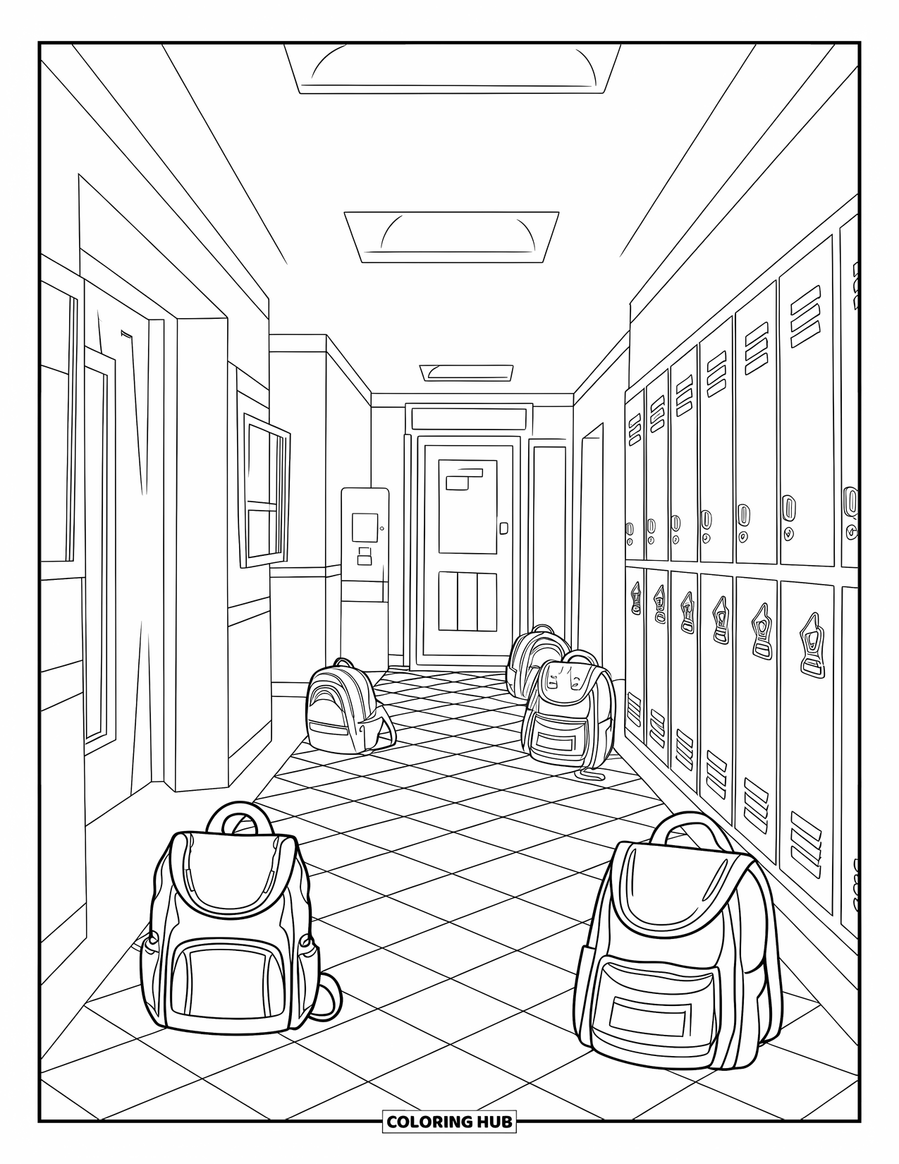 September Coloring Page for Kids: Checkered hallway with lockers and backpacks in a school setting
