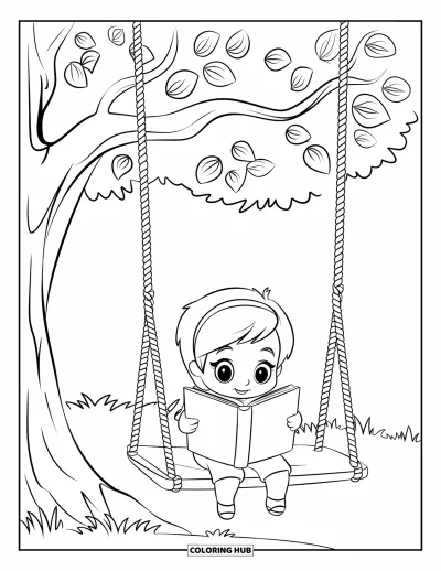 Ζωγραφιά Σεπτεμβρίου για παιδιά: Παιδάκι chibi διαβάζει σε κούνια μακραμέ κάτω από δέντρο με φυλλωσιά
