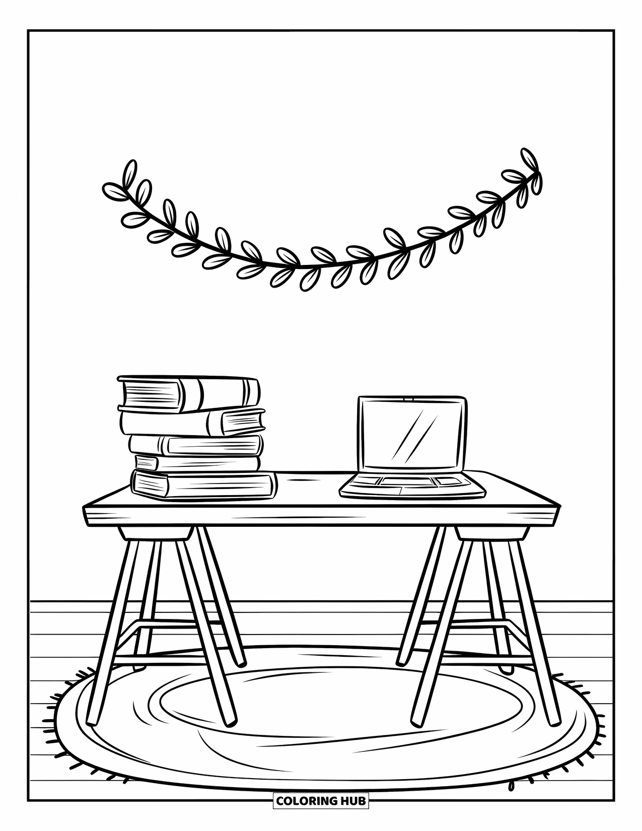 September Coloring Page for Kids: Desk with books and laptop under a hanging leafy garland