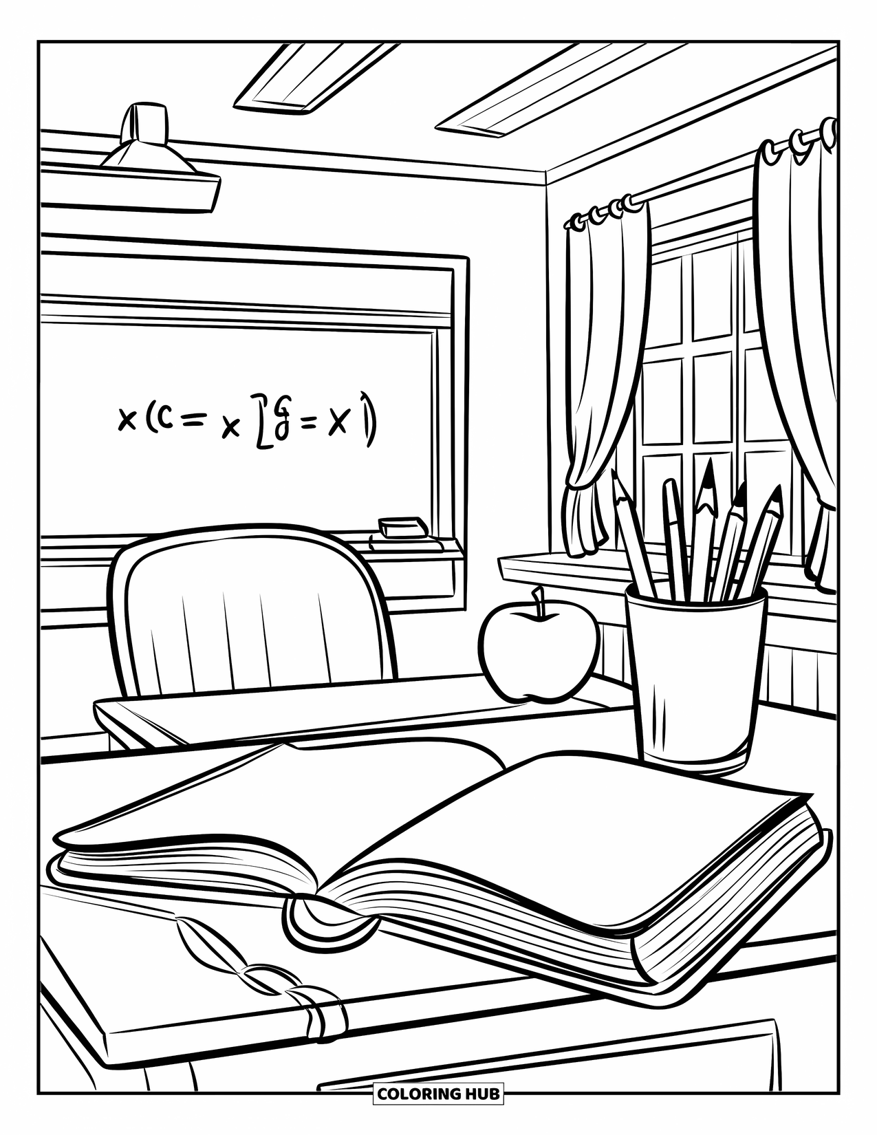 September Coloring Page for Kids: Desk with chalkboard, book, apple, and a pencil cup