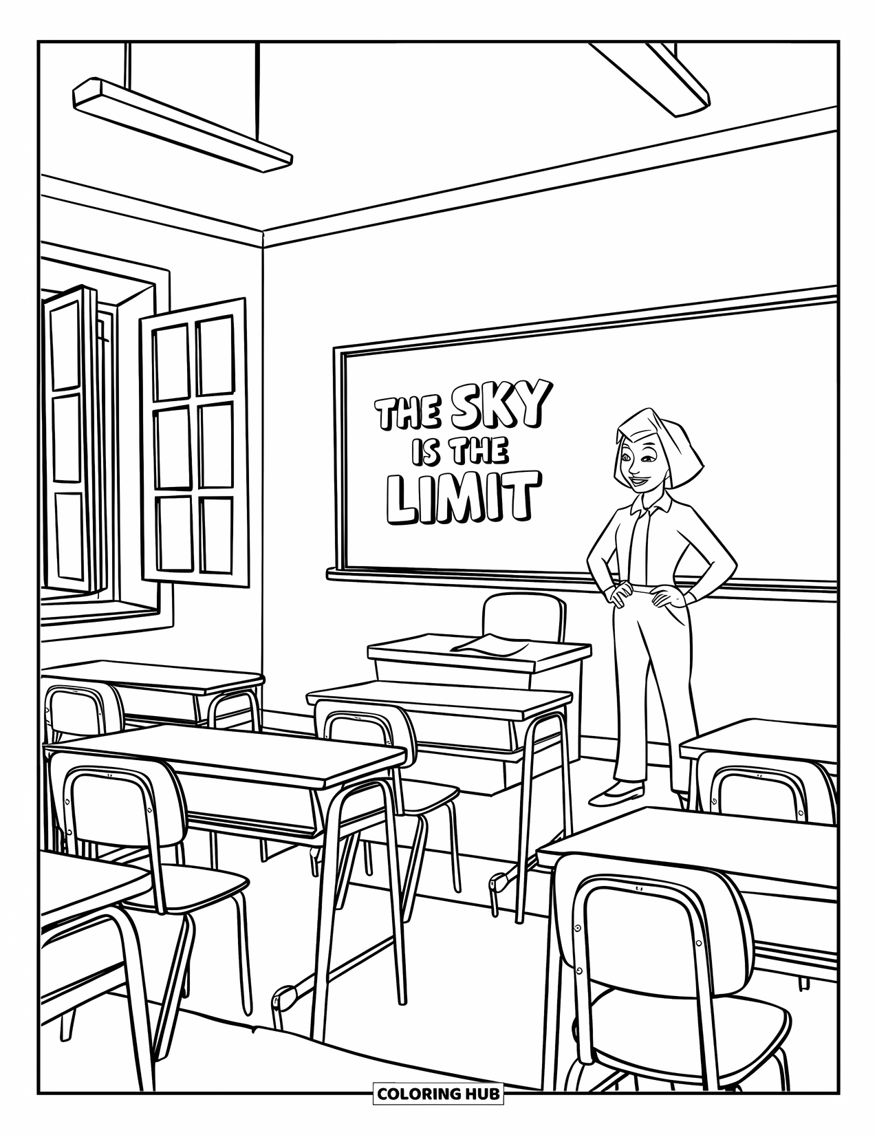 September Coloring Page for Kids: Desks and chalkboard with message "The Sky is the Limit" in class