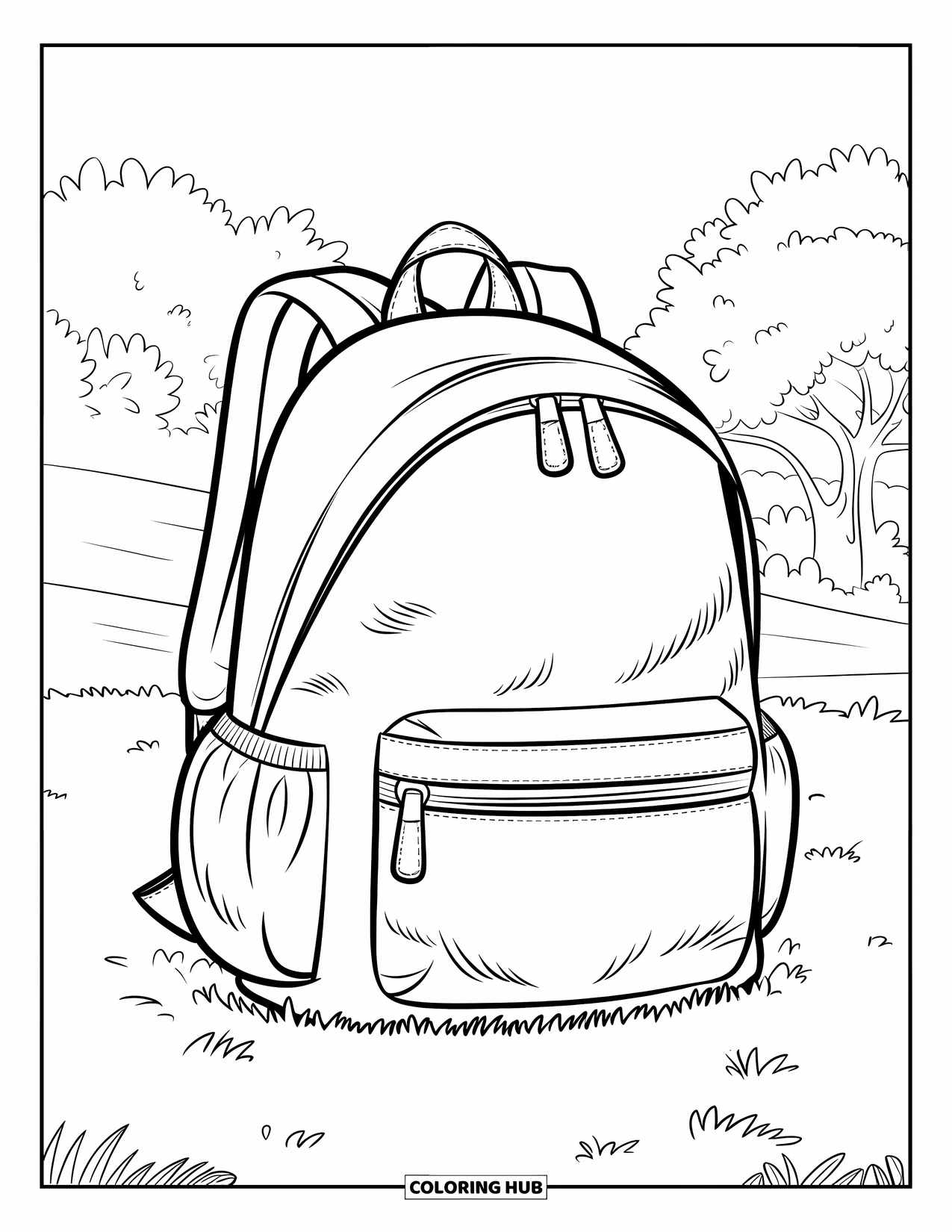 September Coloring Page for Kids: Large backpack with zippers and pockets sitting in a grassy field