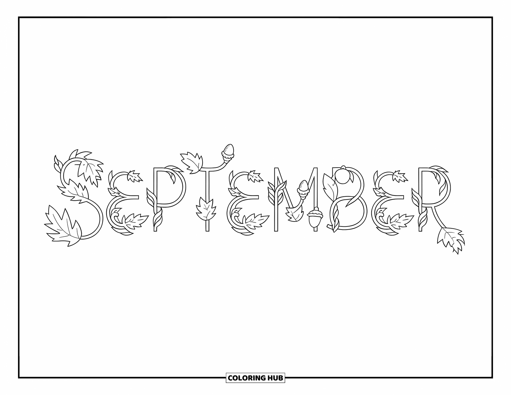 September Coloring Page for Kids: Leafy vines and acorns wrap around bold September letters