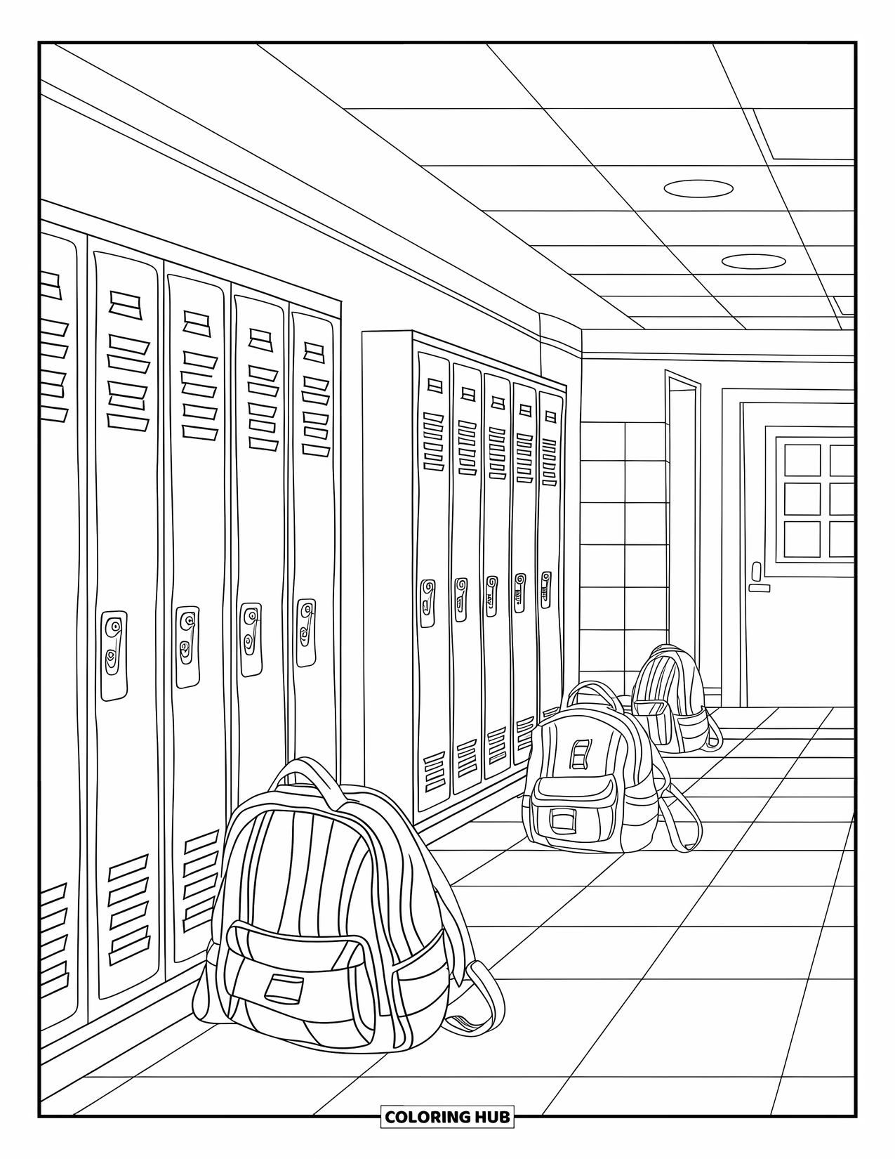 September Coloring Page for Kids: Lockers and backpacks in a school hallway with a checkered floor