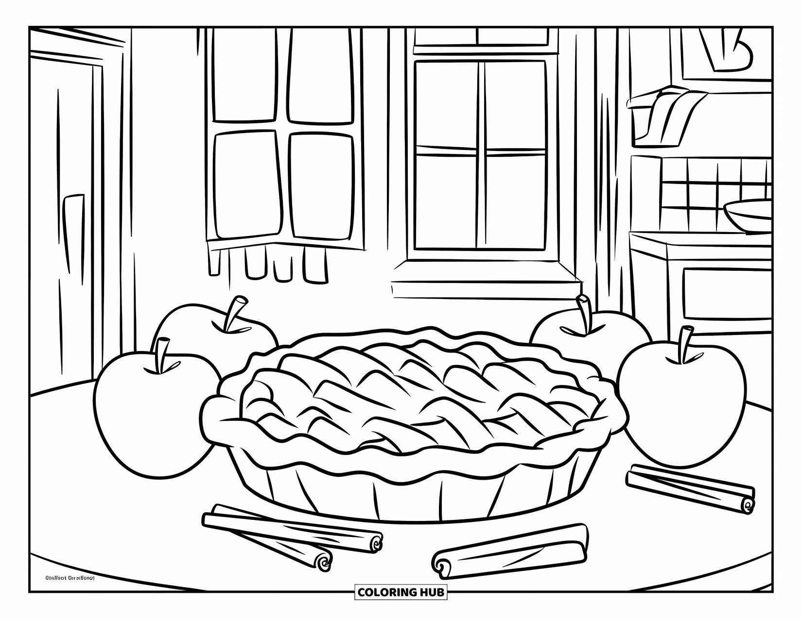 September Coloring Page for Kids: Pie on a table with apples and cinnamon in a cozy kitchen