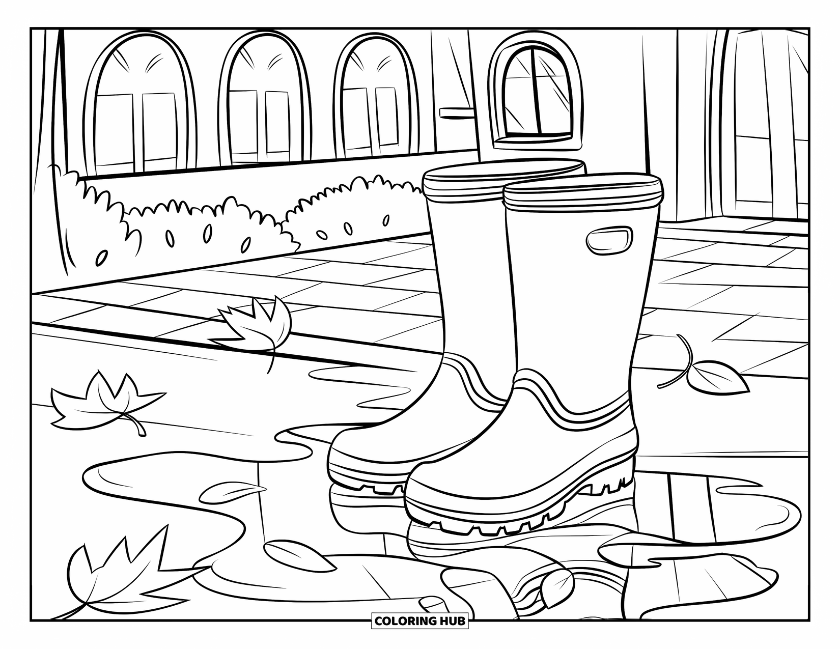 September Coloring Page for Kids: Rain boots reflect in a puddle near a path and building