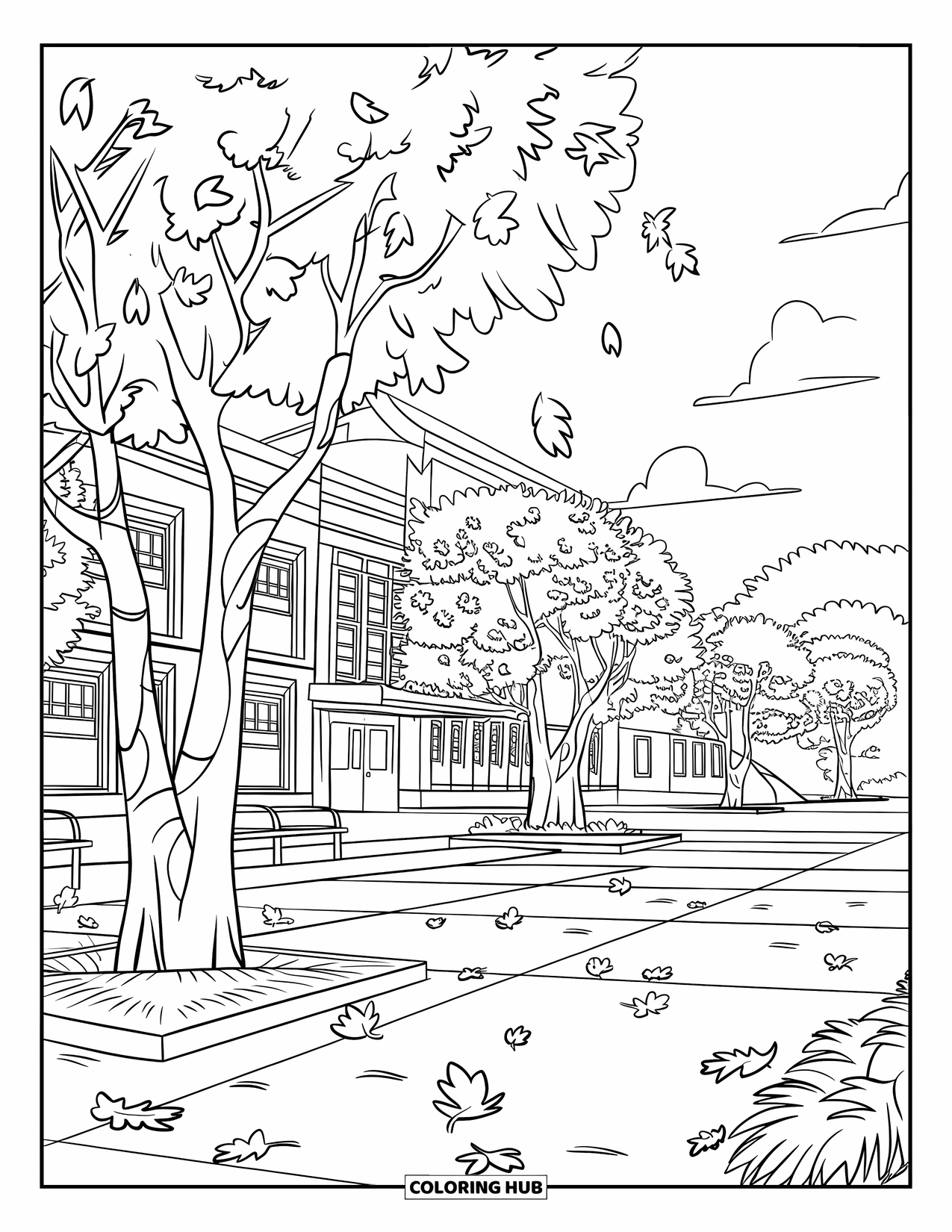 September Coloring Page for Kids: Red brick school with trees shedding leaves and scattered benches