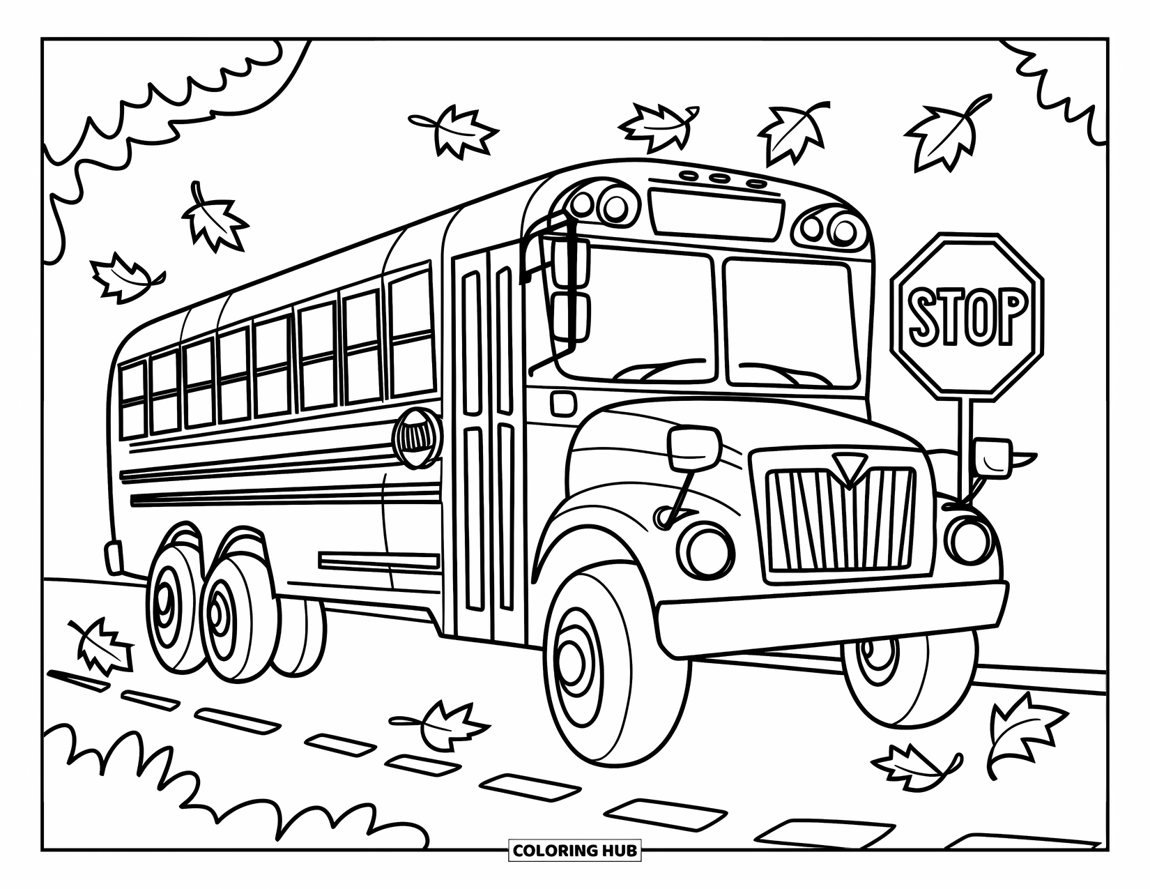 September Coloring Page for Kids: School bus parked on a road with falling leaves around it